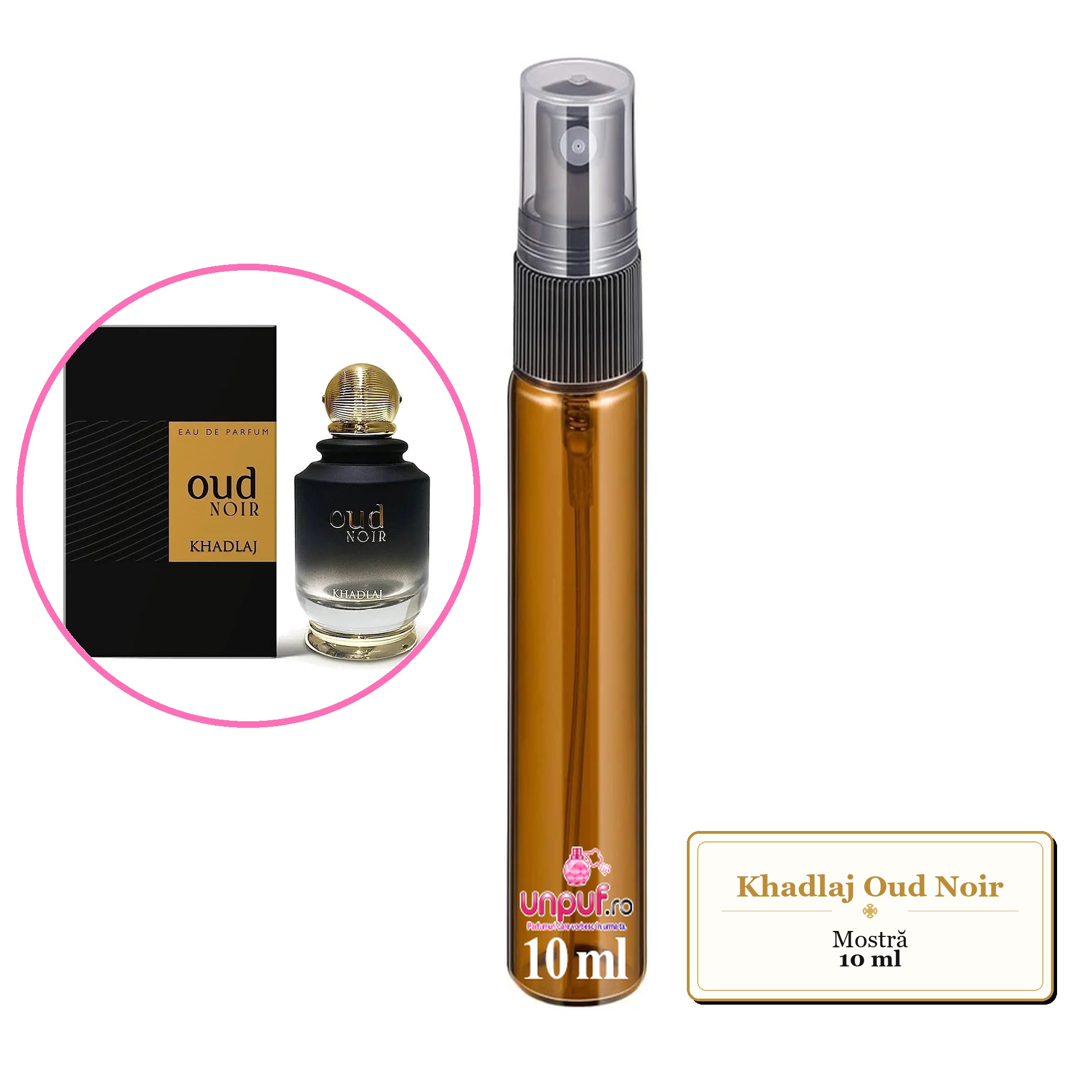 Mostra fiola din Parfumul Khadlaj Oud Noir, decant sticla cu pulverizator 