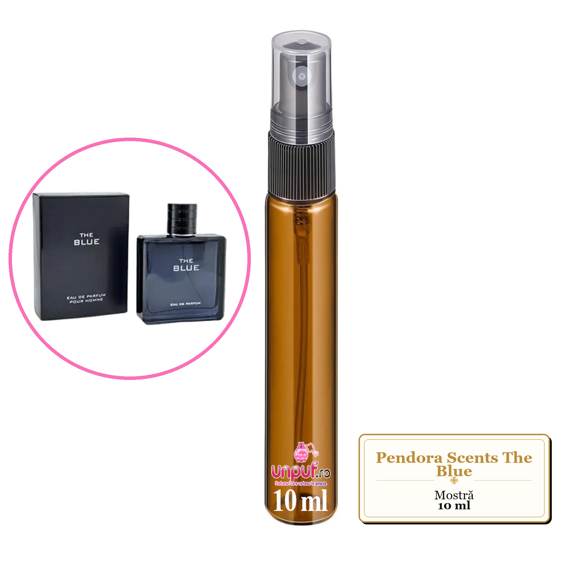 Mostra fiola din Parfumul Pendora Scents The Blue, decant sticla cu pulverizator
