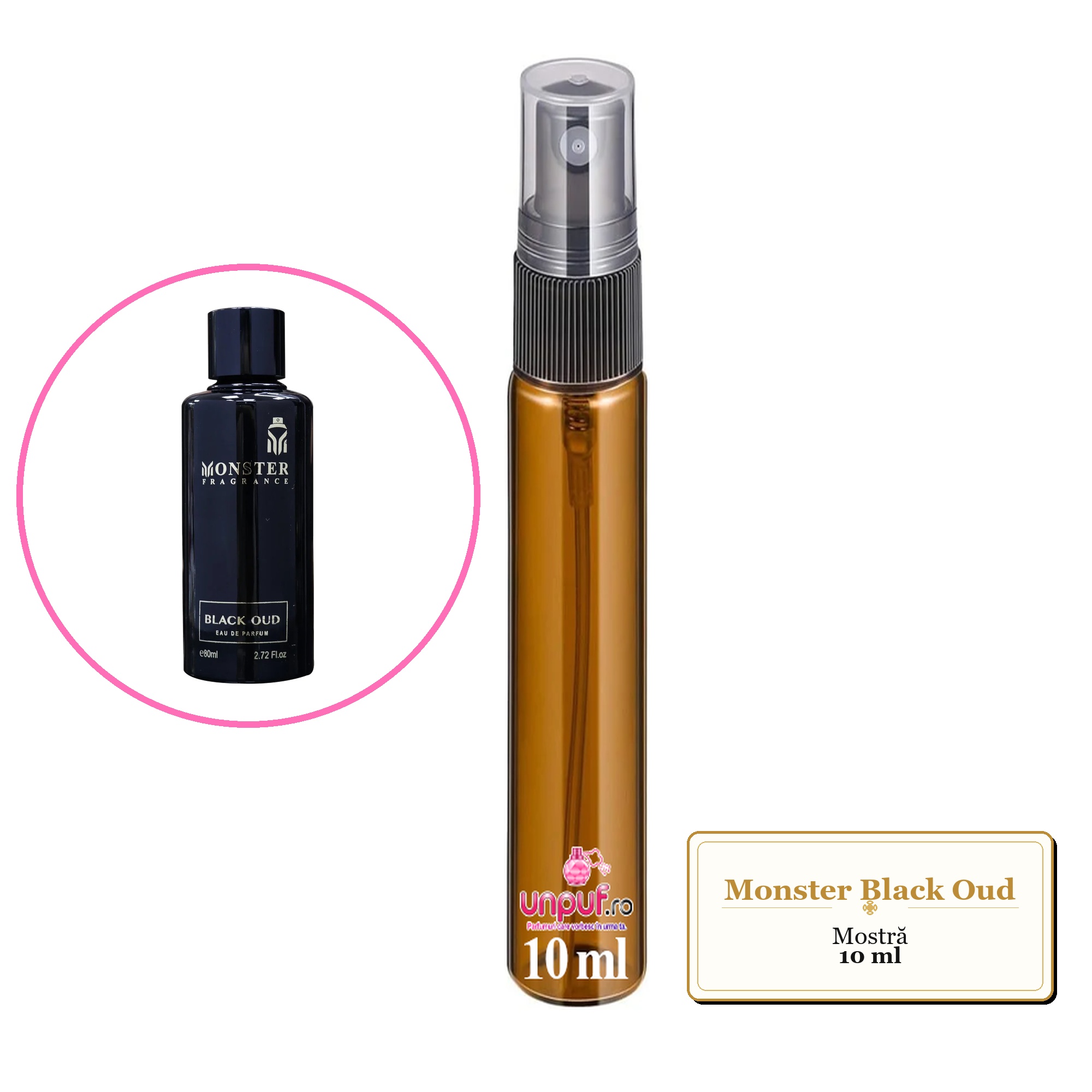 Mostra fiola din Parfumul Monster Black Oud, decant sticla cu pulverizator