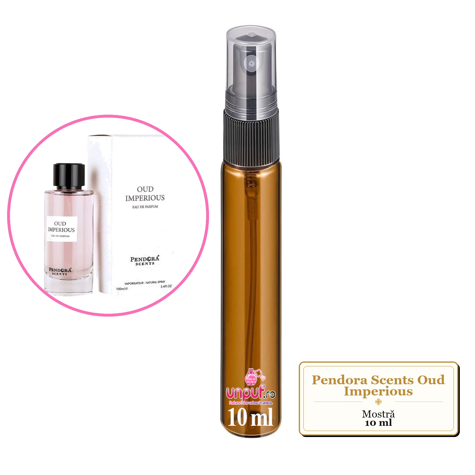 Mostra fiola din Parfumul Pendora Scents Oud Imperious, decant sticla cu pulverizator