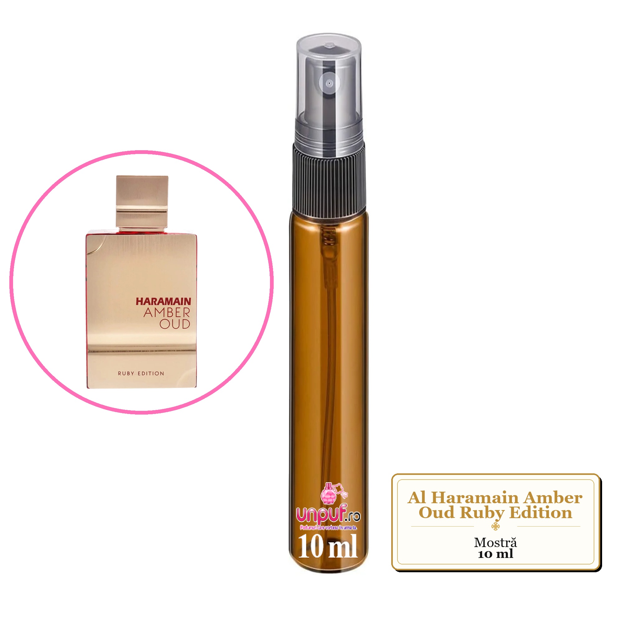 Mostra fiola din Parfumul Al Haramain Amber Oud Ruby Edition, decant sticla cu pulverizator 