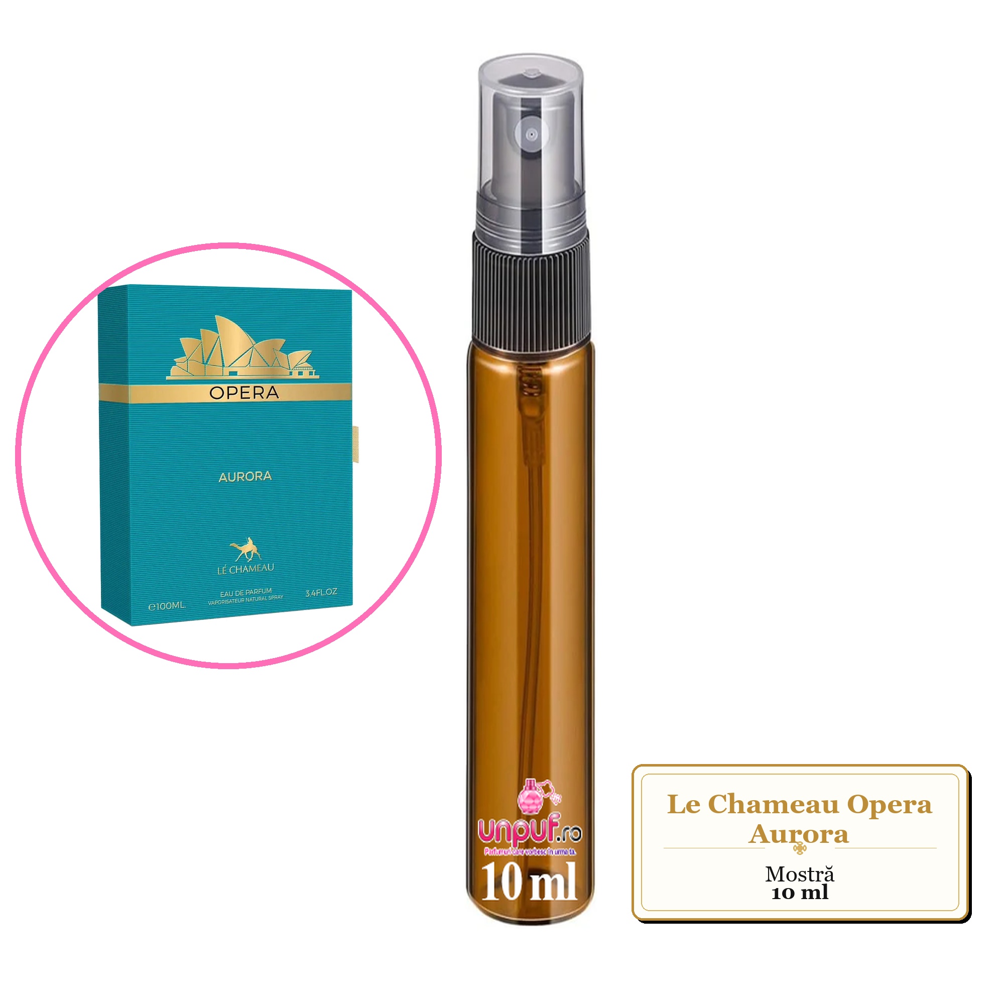 Mostra fiola din Parfumul Le Chameau Opera Aurora, decant sticla cu pulverizator 