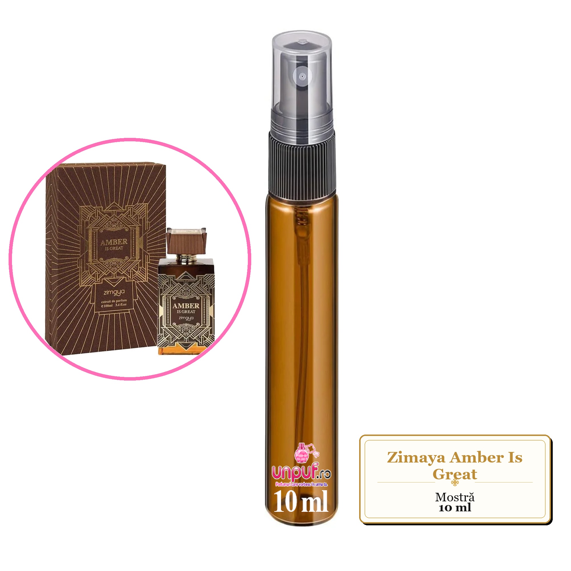 Mostra fiola din Parfumul Zimaya Amber Is Great, decant sticla cu pulverizator 