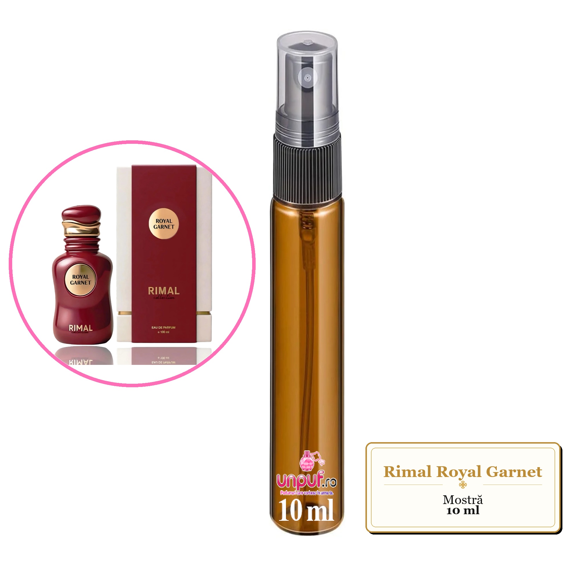 Mostra fiola din Parfumul Rimal Royal Garnet, decant sticla cu pulverizator 
