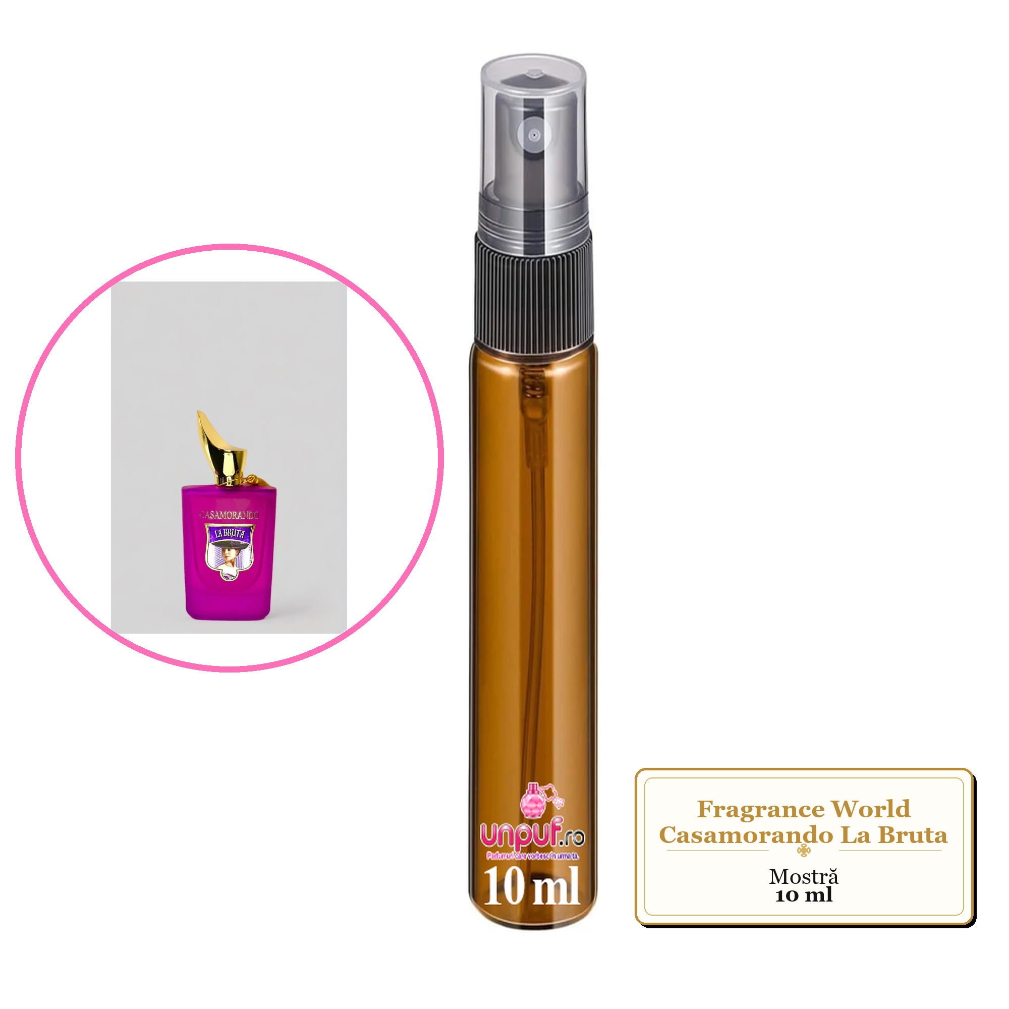 Mostra fiola din Parfumul Fragrance World Casamorando La Bruta, decant sticla cu pulverizator