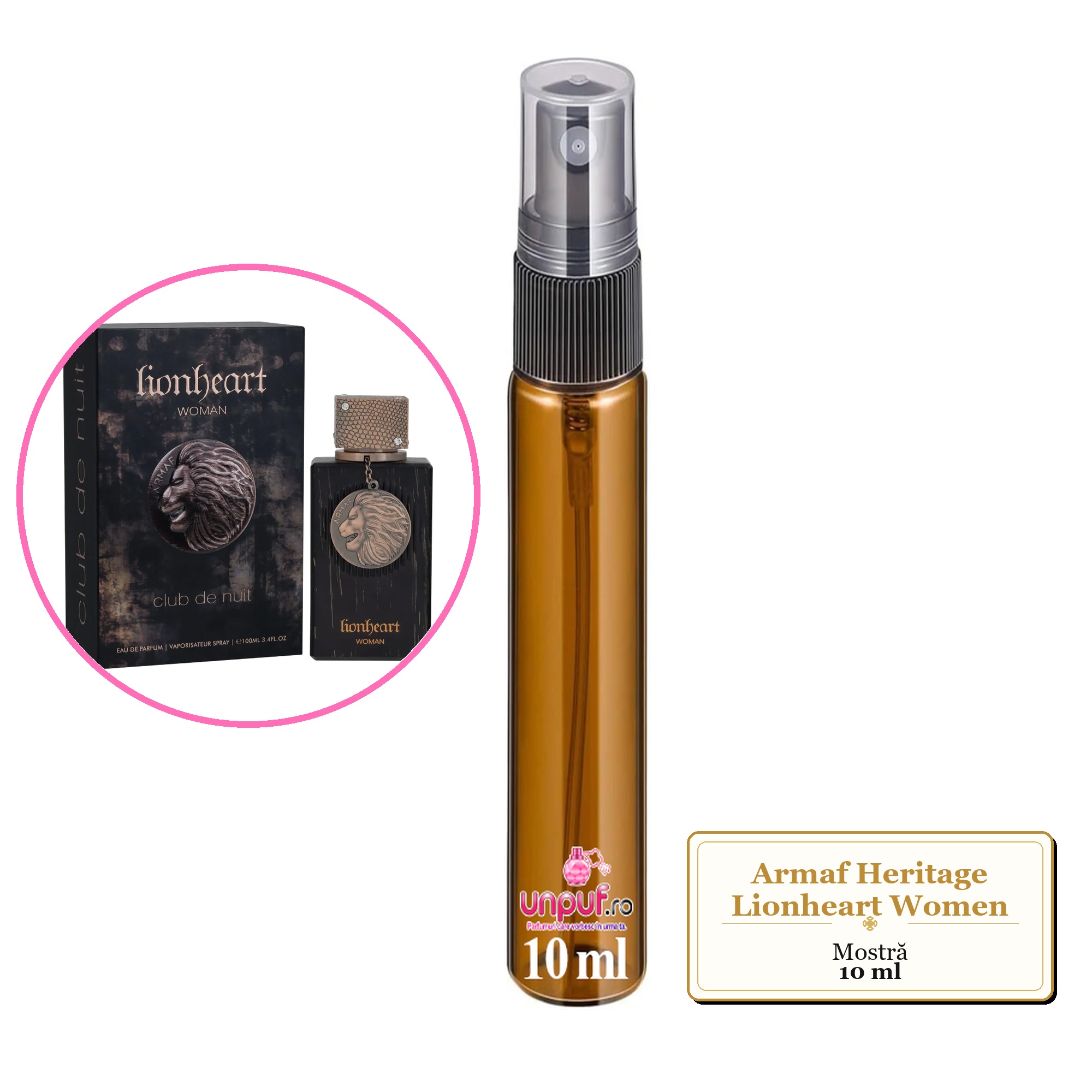 Mostra fiola din Parfumul Armaf Heritage Lionheart Women, decant sticla cu pulverizator 