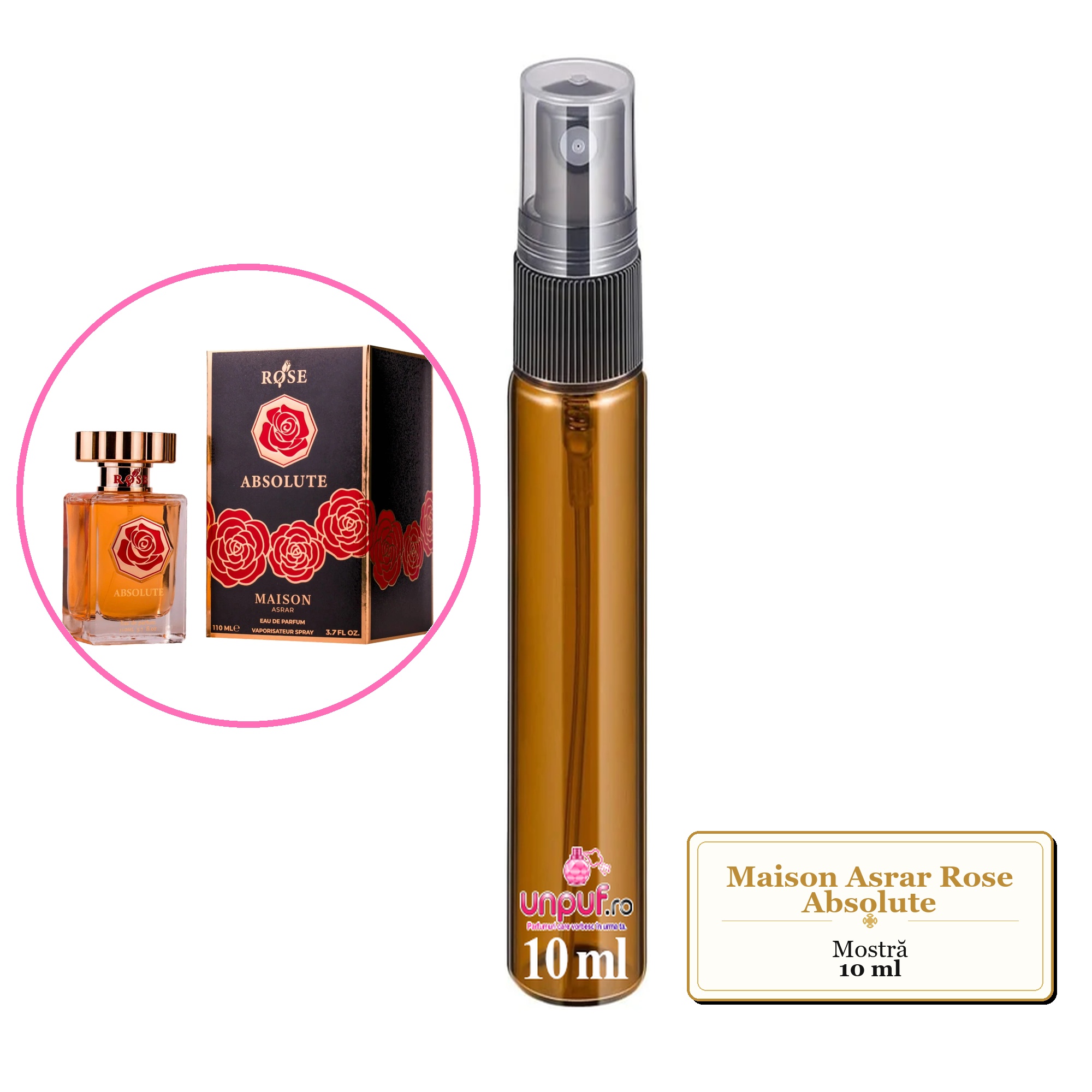 Mostra fiola din Parfumul Maison Asrar Rose Absolute, decant sticla cu pulverizator