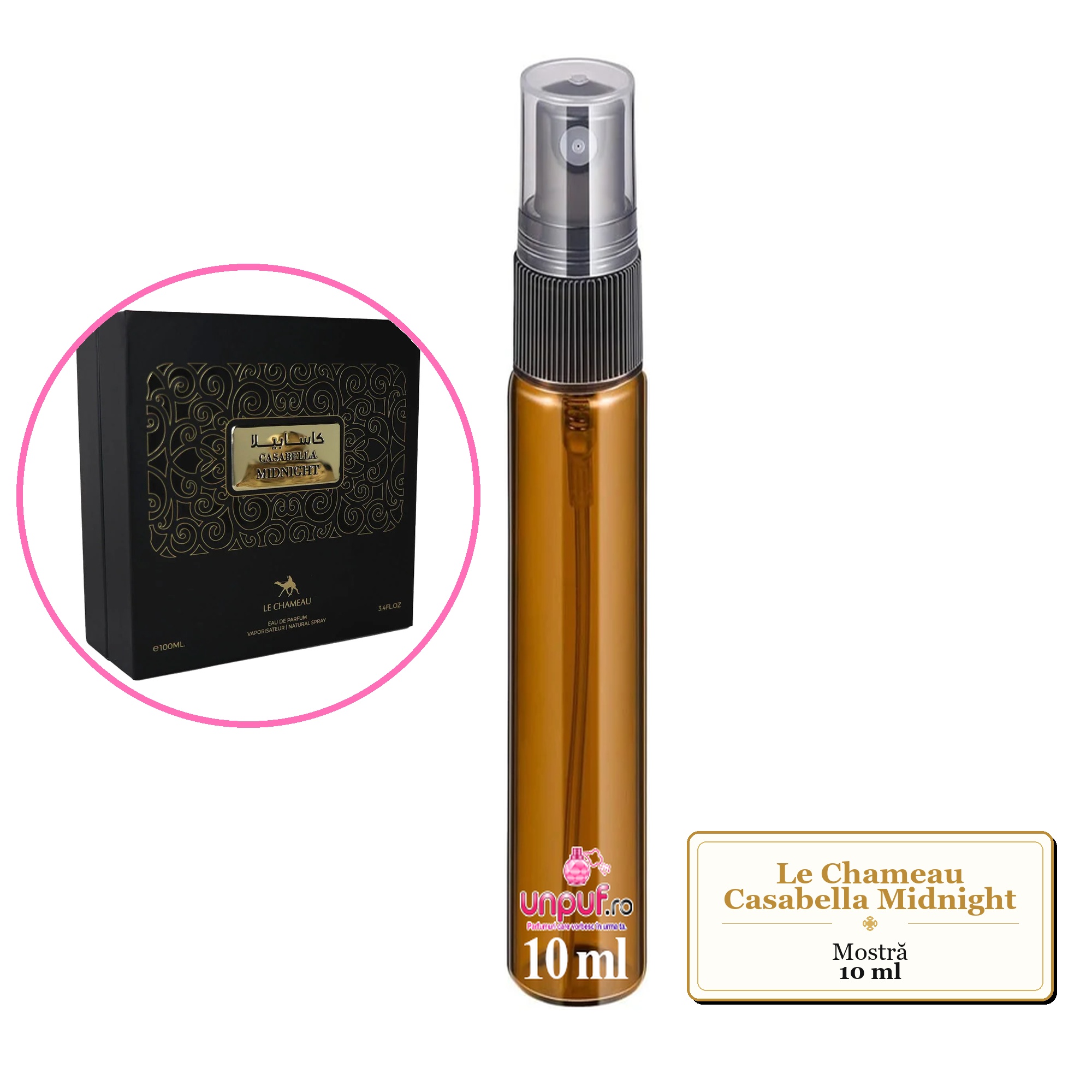 Mostra fiola din Parfumul Le Chameau Casabella Midnight, decant sticla cu pulverizator