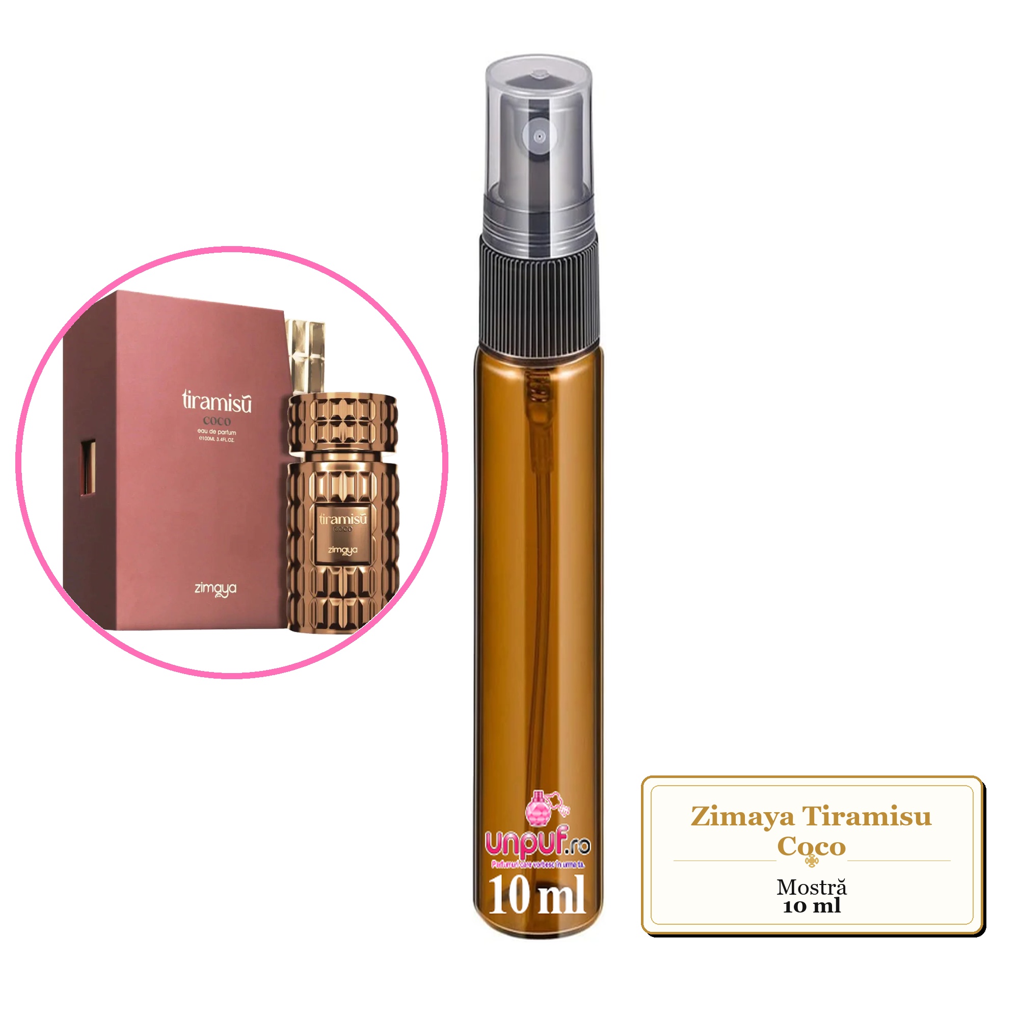 Mostra fiola din Parfumul Zimaya Tiramisu Coco, decant sticla cu pulverizator
