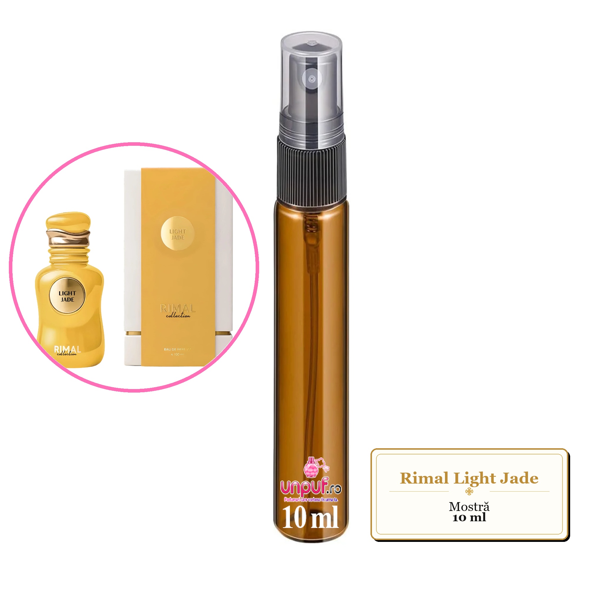 Mostra fiola din Parfumul Rimal Light Jade, decant sticla cu pulverizator 