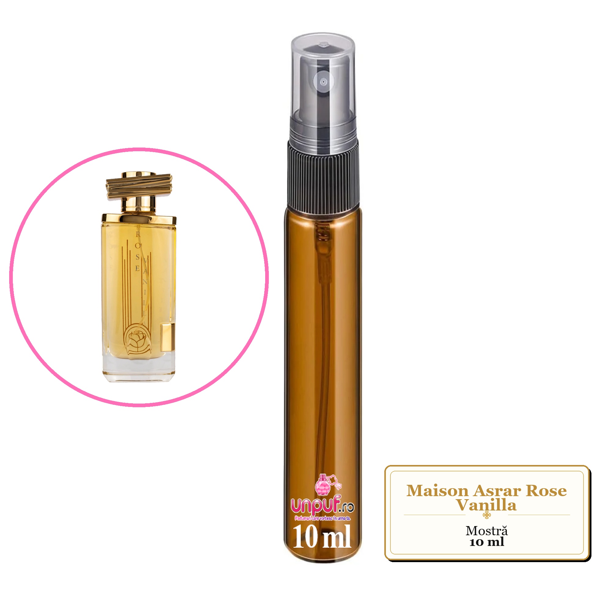 Mostra fiola din Parfumul Maison Asrar Rose Vanilla, decant sticla cu pulverizator