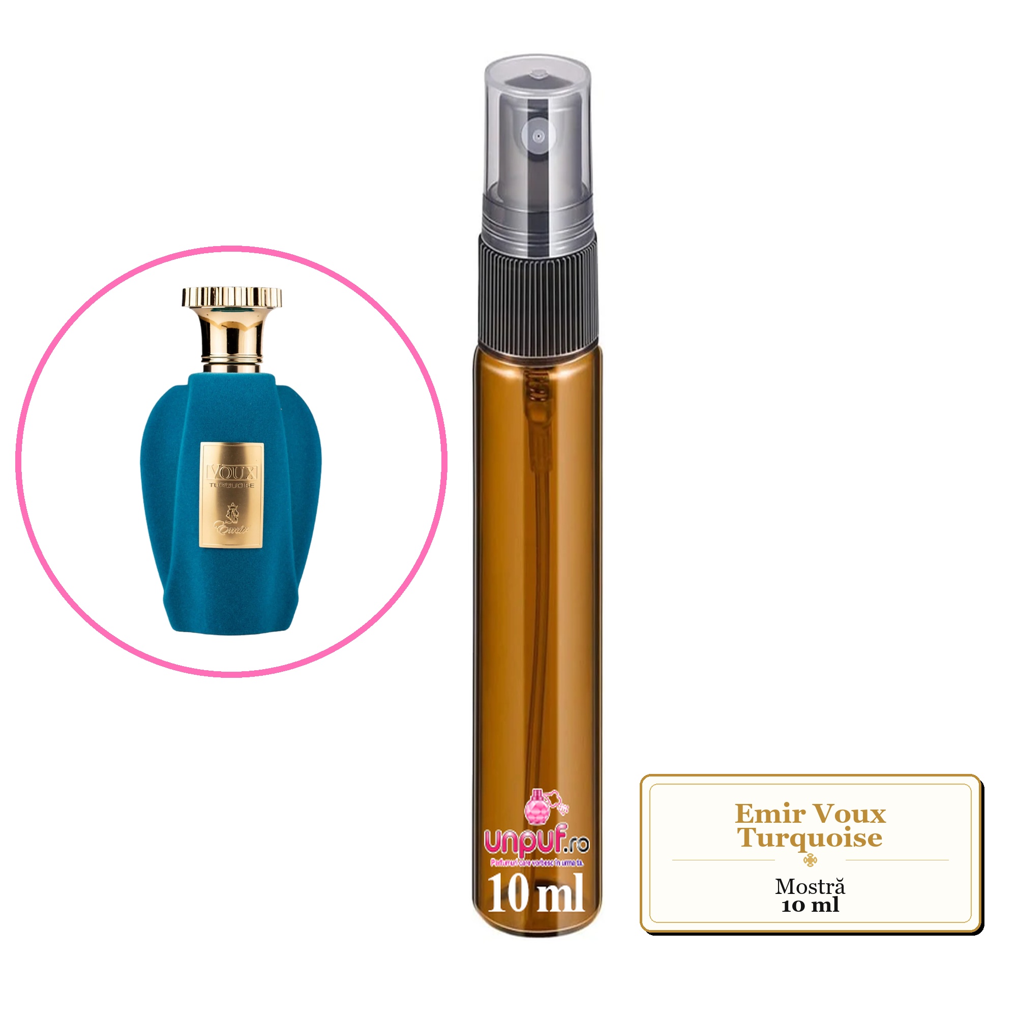 Mostra fiola din Parfumul Emir Voux Turquoise, decant sticla cu pulverizator 