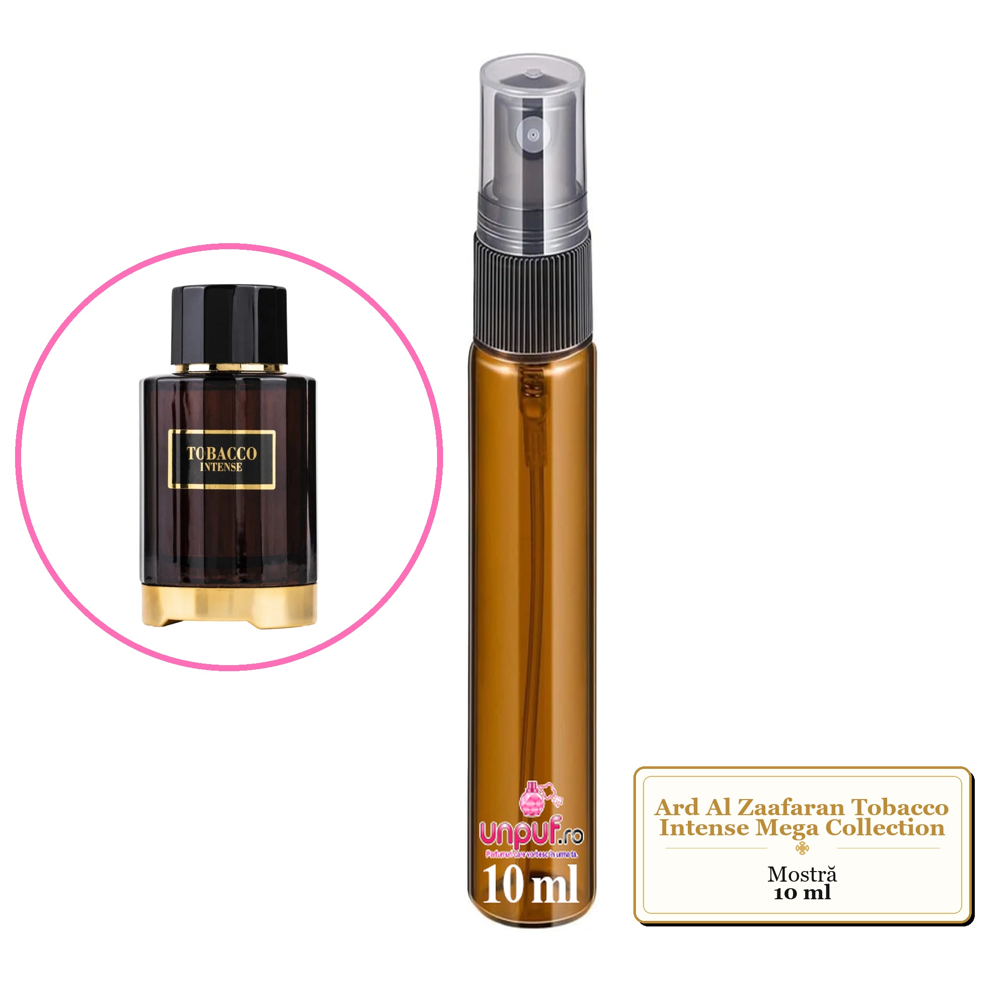 Mostra fiola din Parfumul Ard Al Zaafaran Tobacco Intense Mega Collection, decant sticla cu pulverizator 
