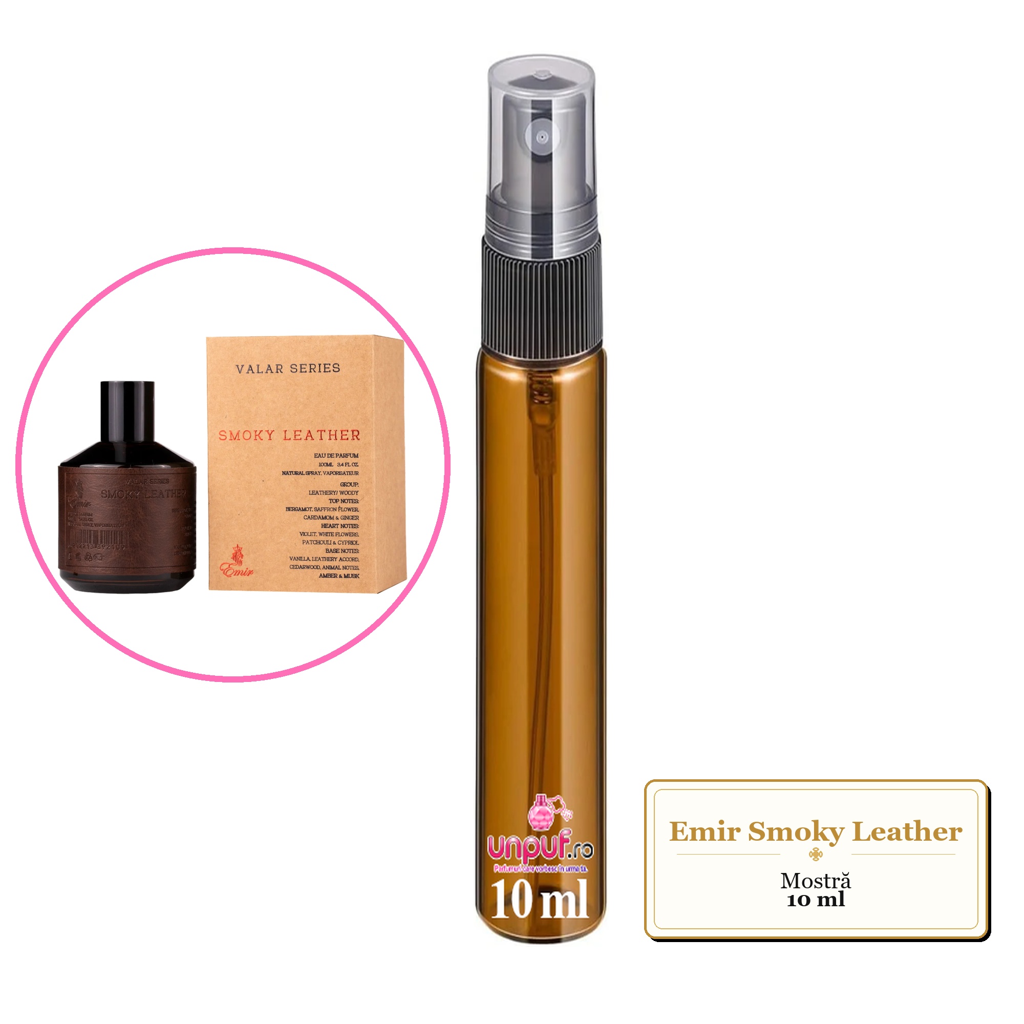 Mostra fiola din Parfumul Emir Smoky Leather, decant sticla cu pulverizator 