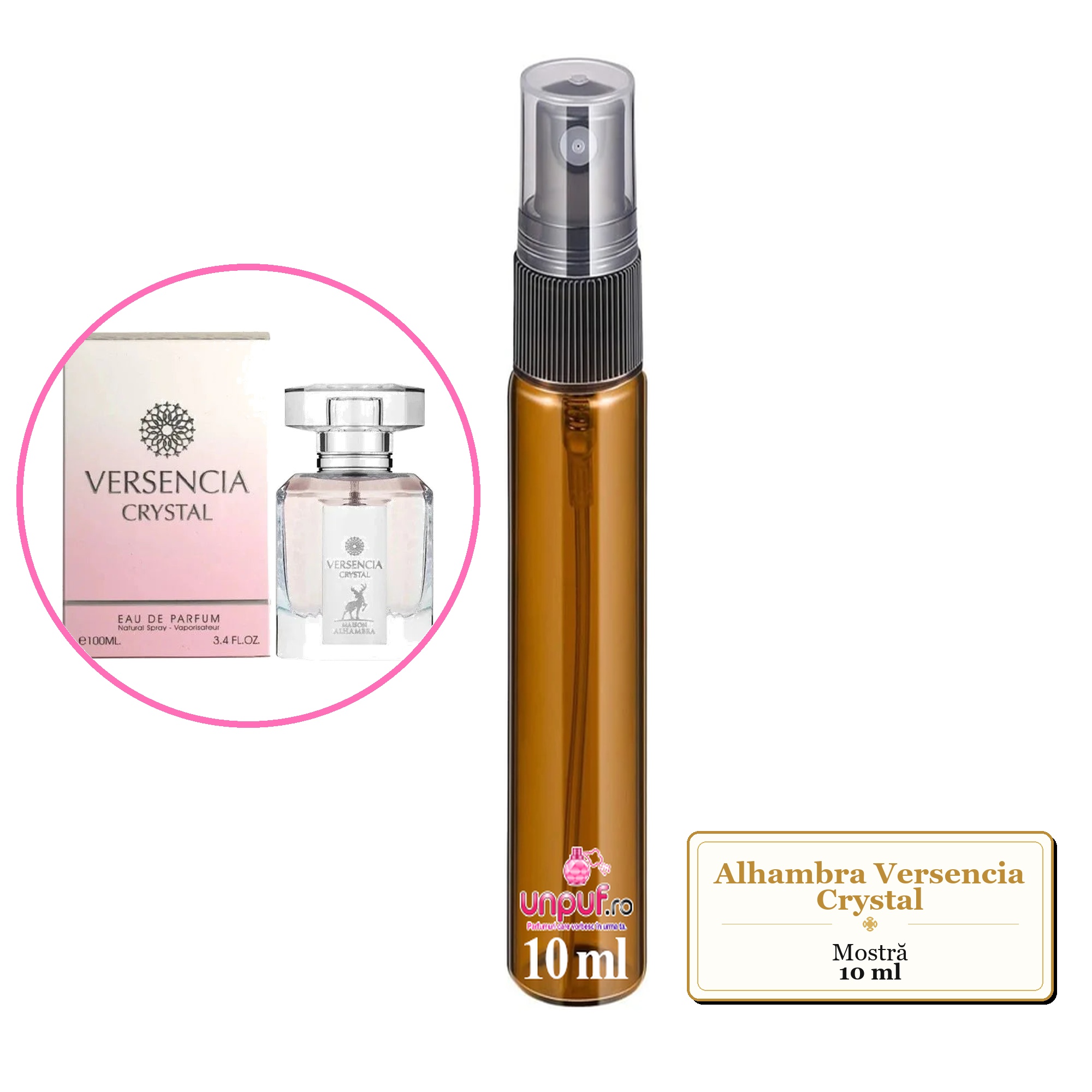 Mostra fiola din Parfumul Alhambra Versencia Crystal, decant sticla cu pulverizator