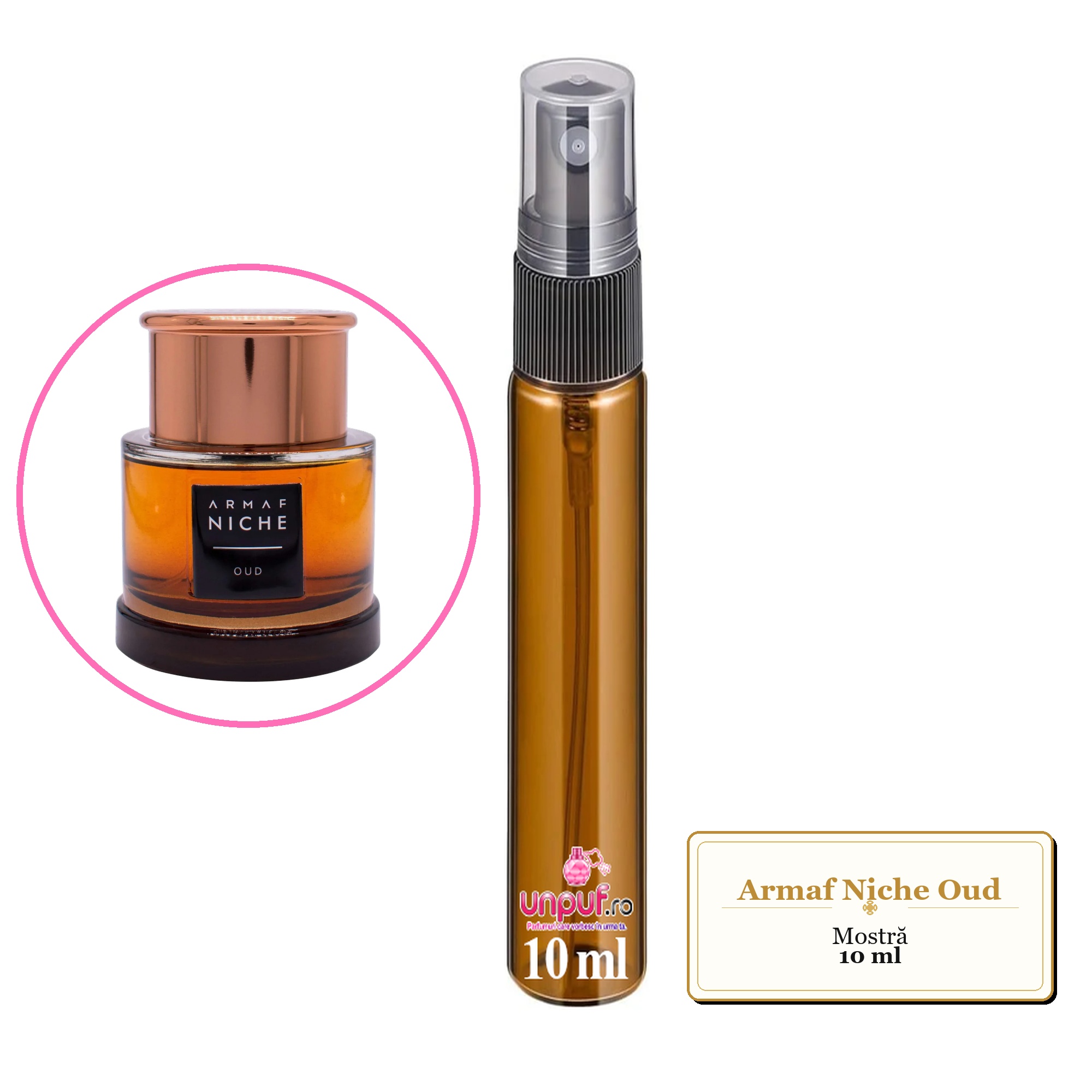Mostra fiola din Parfumul Armaf Niche Oud, decant sticla cu pulverizator 