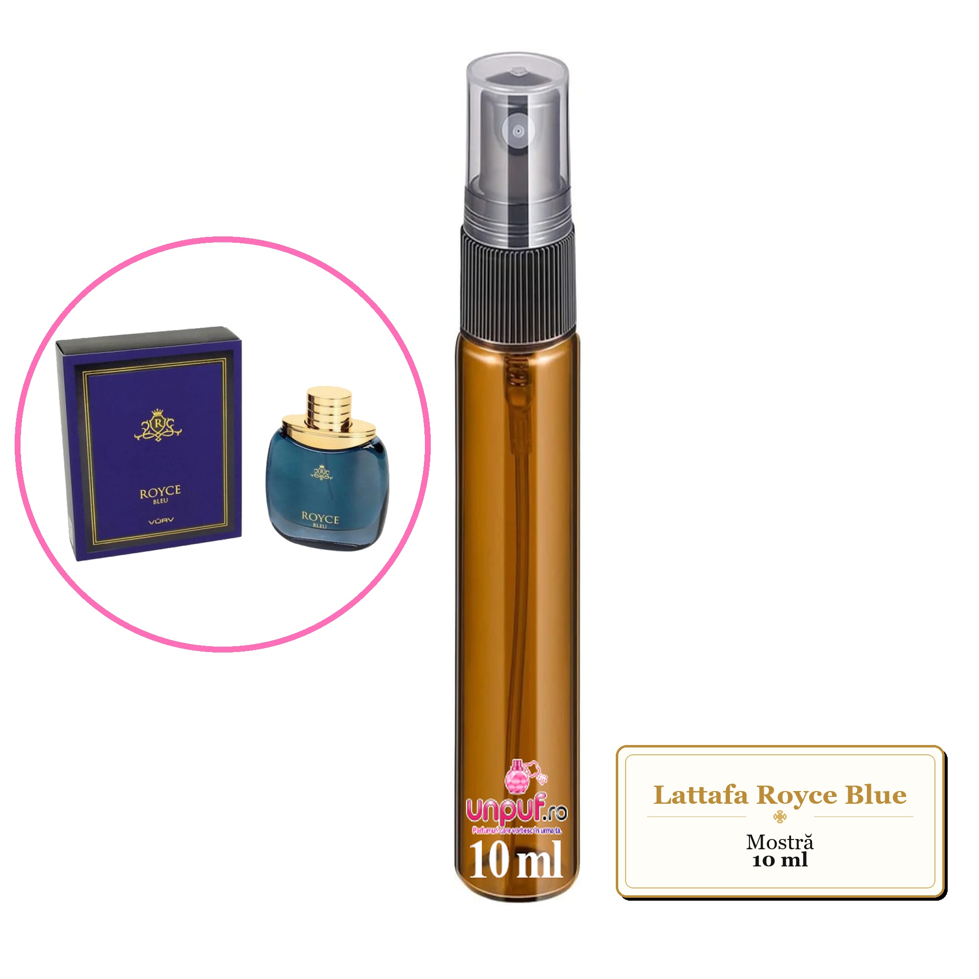Mostra fiola din Parfumul Lattafa Royce Blue, decant sticla cu pulverizator