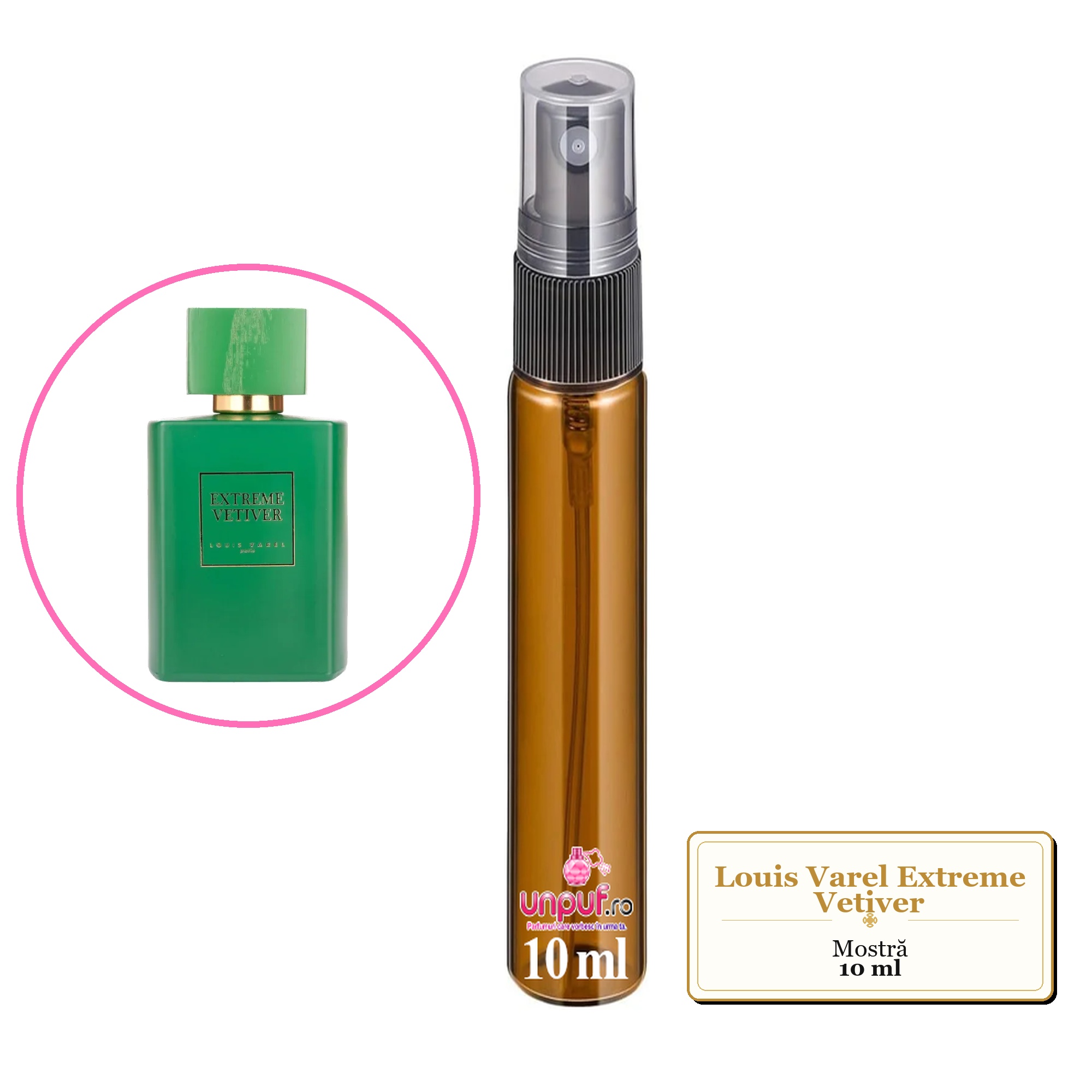 Mostra fiola din Parfumul Louis Varel Extreme Vetiver, decant sticla cu pulverizator 