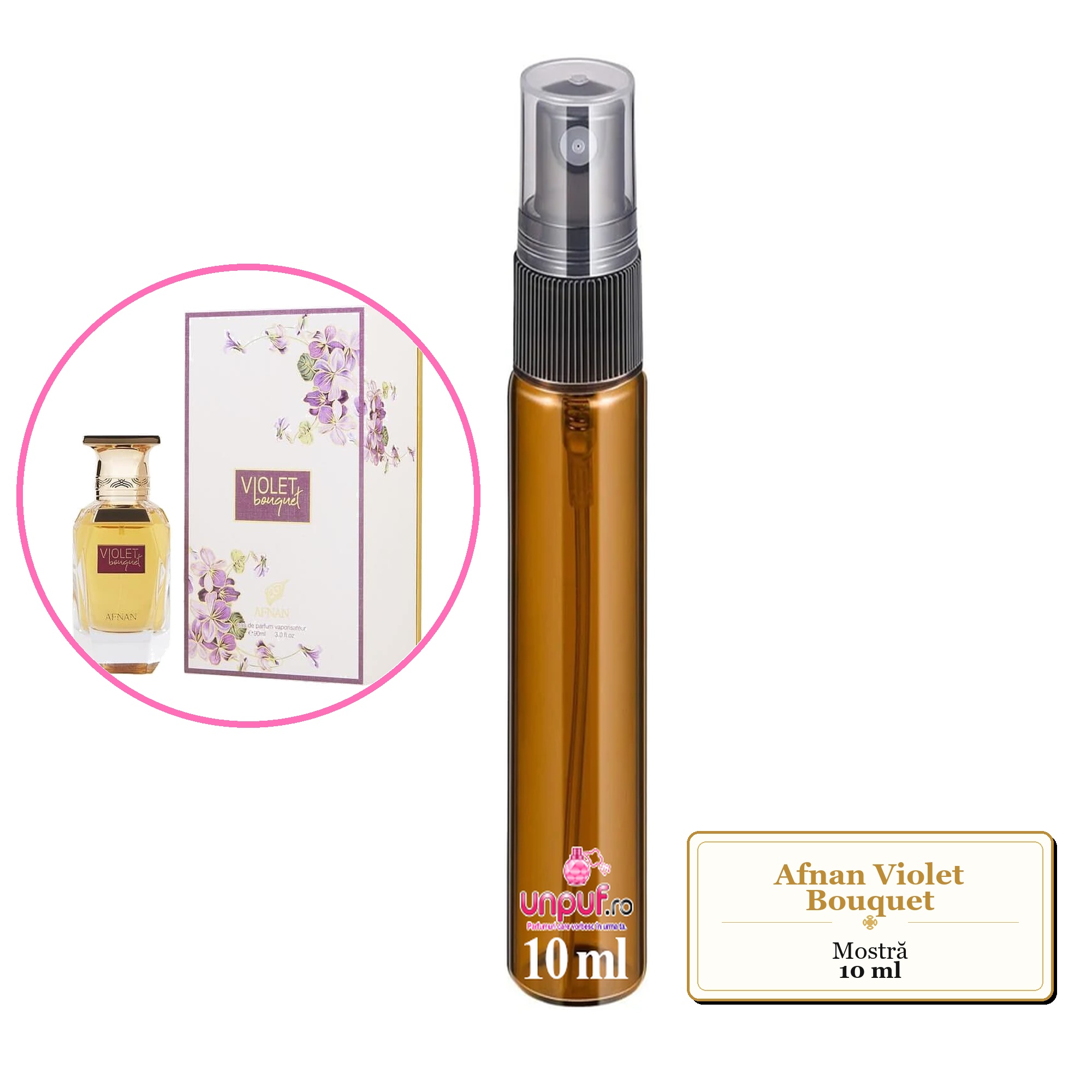 Mostra fiola din Parfumul Afnan Violet Bouquet, decant sticla cu pulverizator 