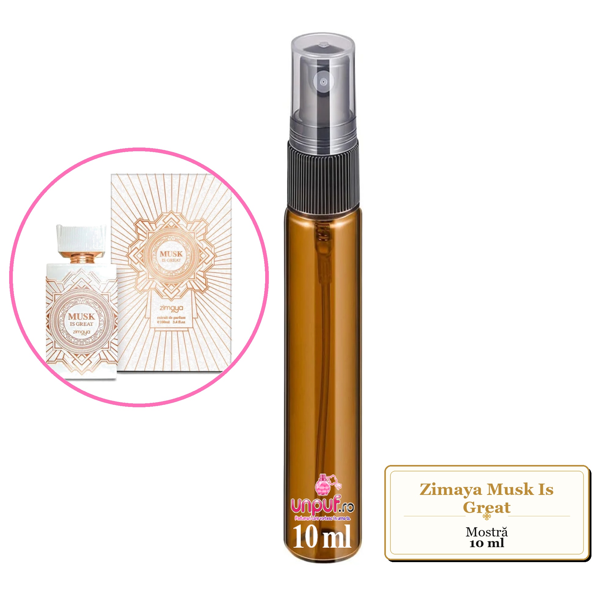 Mostra fiola din Parfumul Zimaya Musk Is Great, decant sticla cu pulverizator 