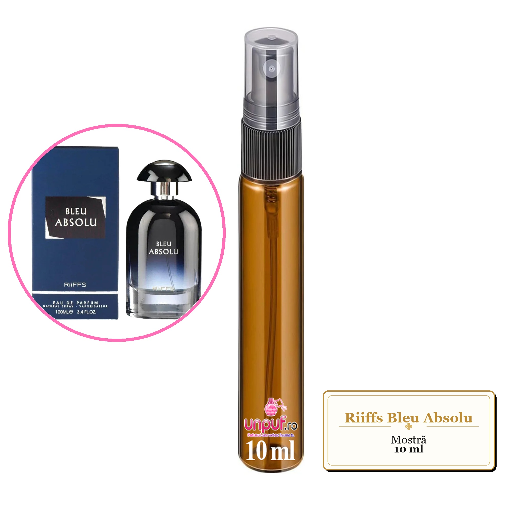 Mostra fiola din Parfumul Riiffs Bleu Absolu, decant sticla cu pulverizator
