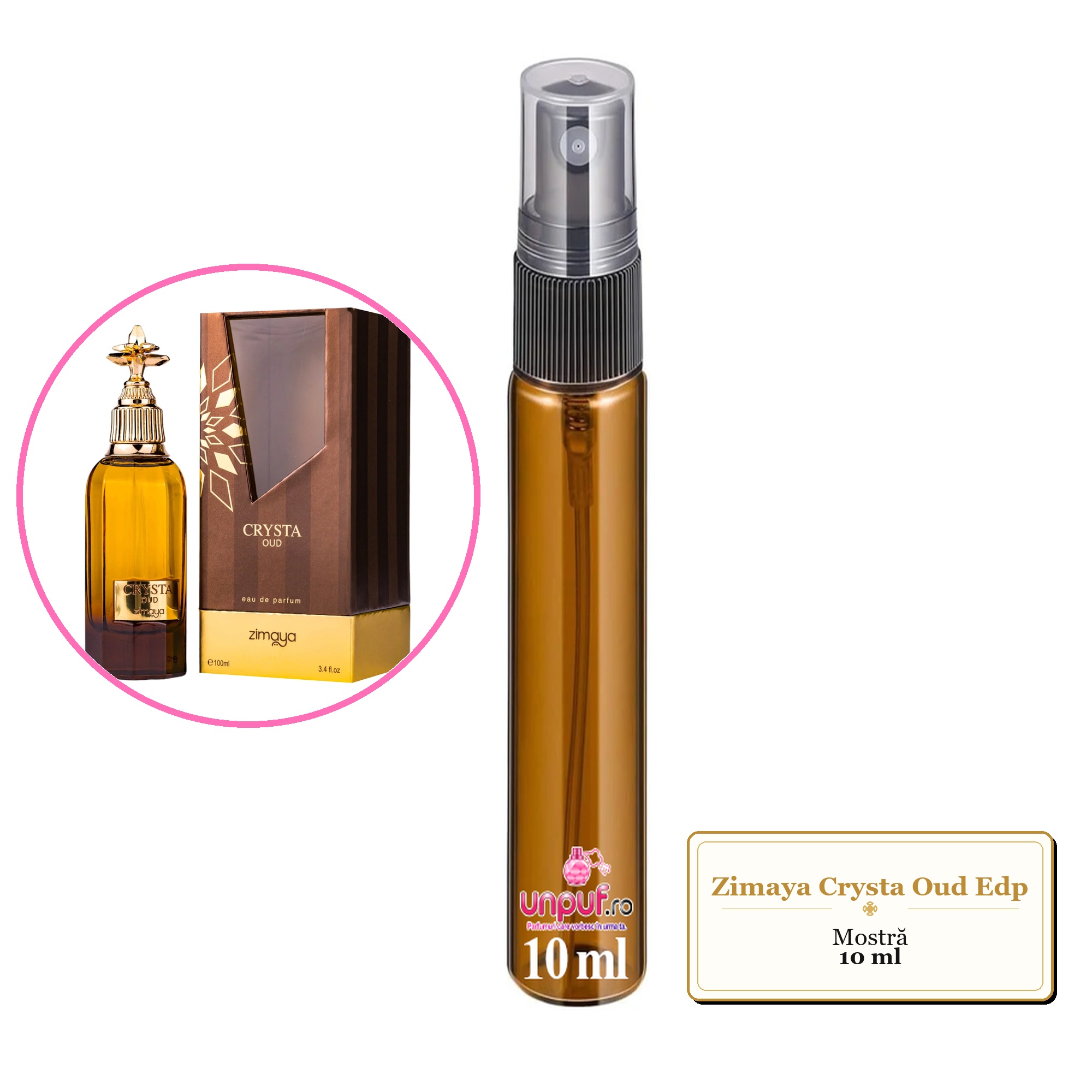 Mostra fiola din Parfumul Zimaya Crysta Oud Edp, decant sticla cu pulverizator 