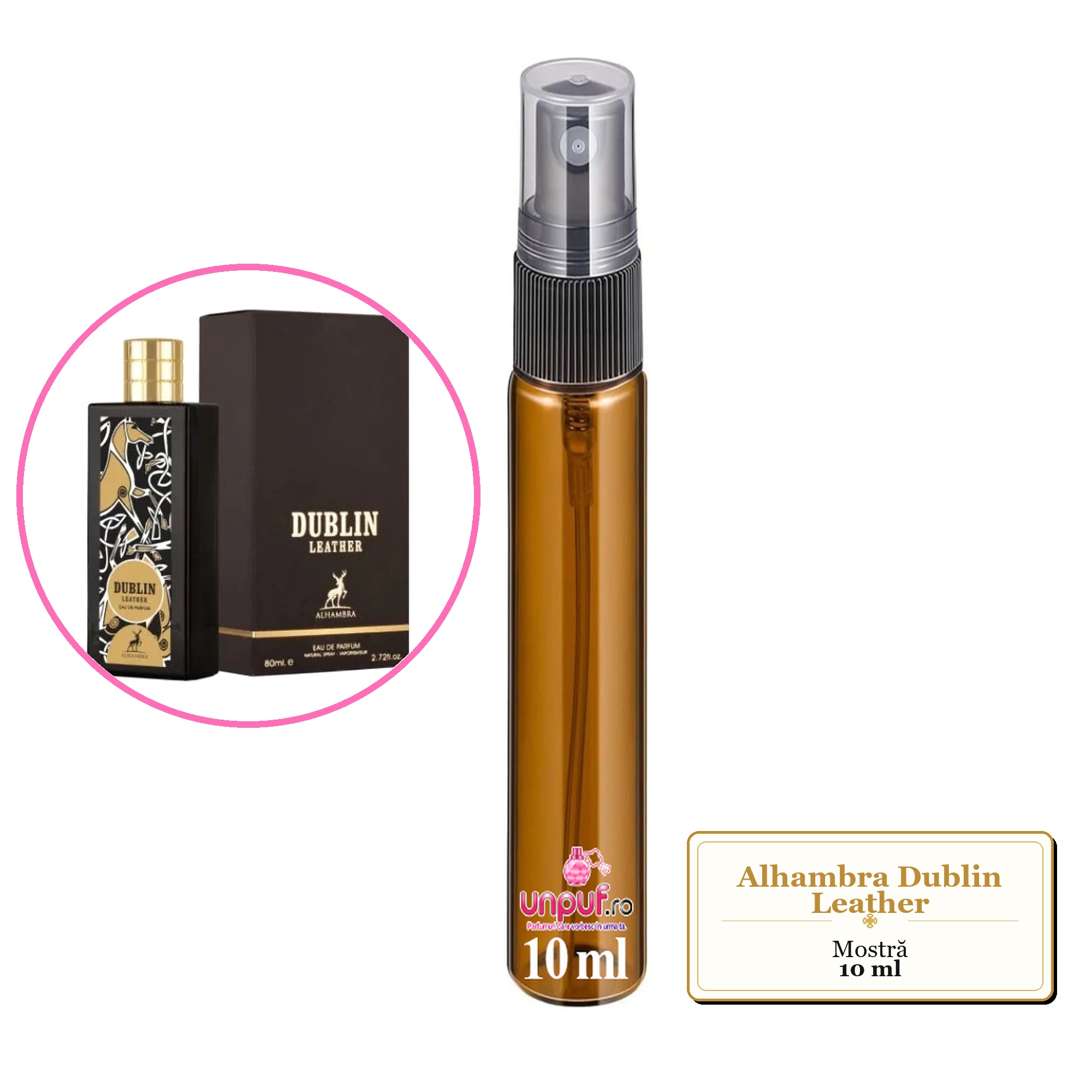 Mostra fiola din Parfumul Alhambra Dublin Leather, decant sticla cu pulverizator 