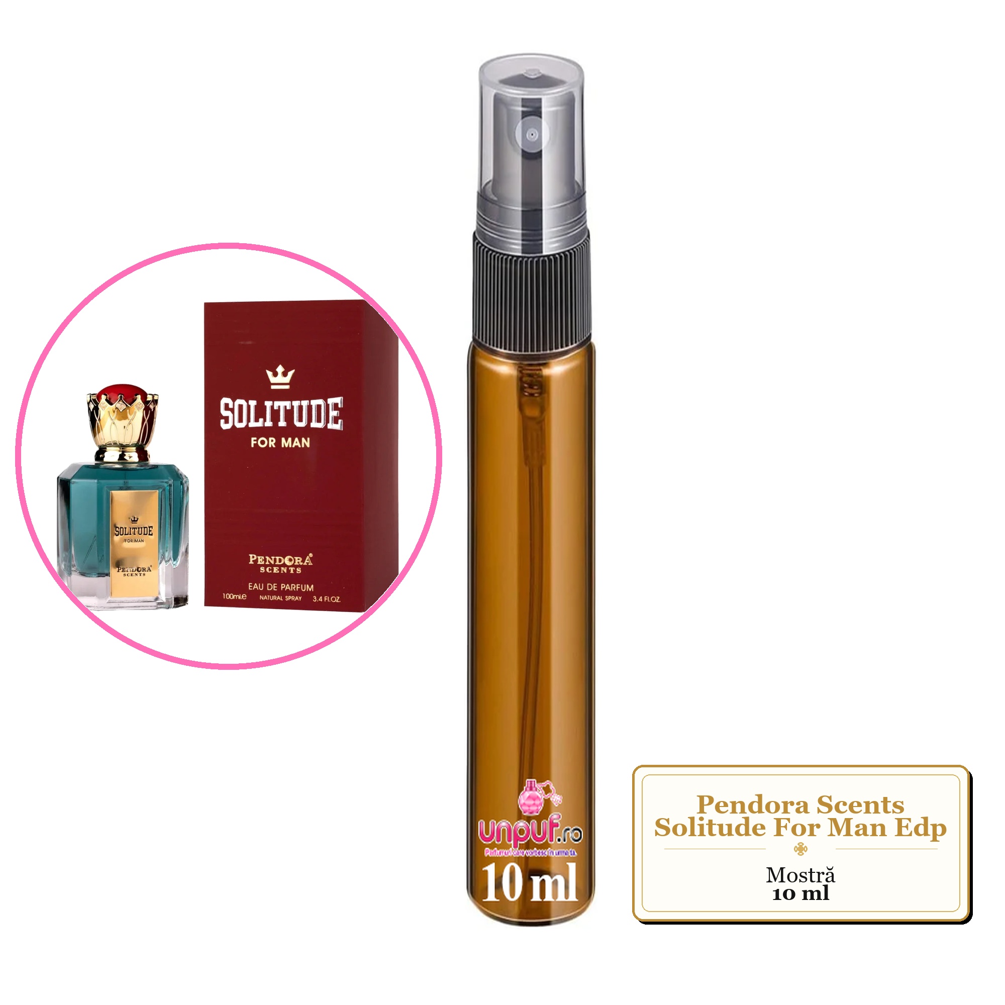Mostra fiola din Parfumul Pendora Scents Solitude For Man Edp, decant sticla cu pulverizator 