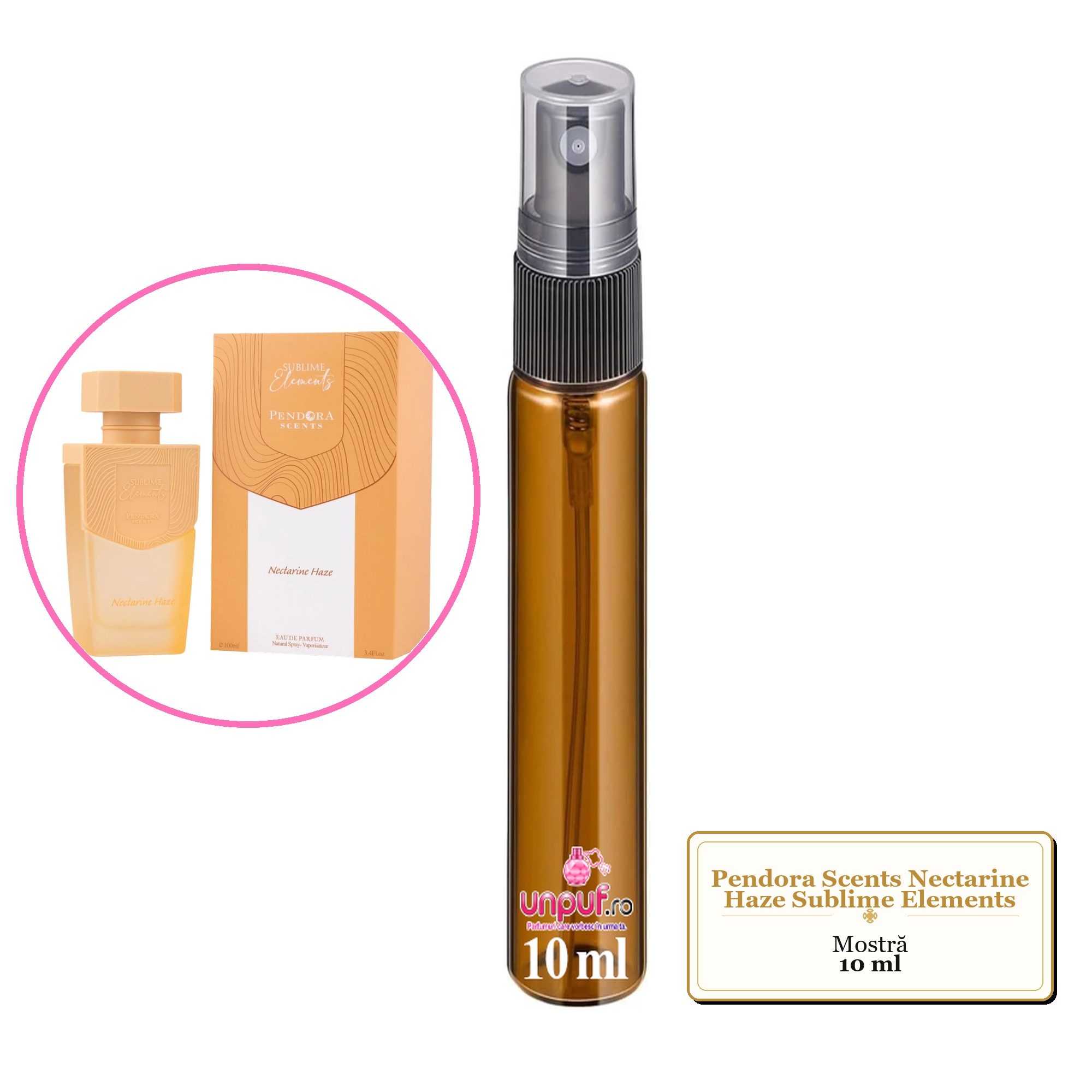 Mostra fiola din Parfumul Pendora Scents Nectarine Haze Sublime Elements, decant sticla cu pulverizator 