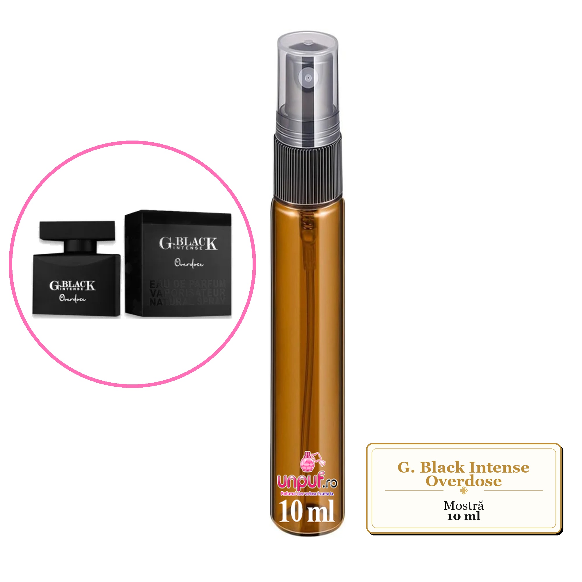 Mostra fiola din Parfumul G. Black Intense Overdose, decant sticla cu pulverizator