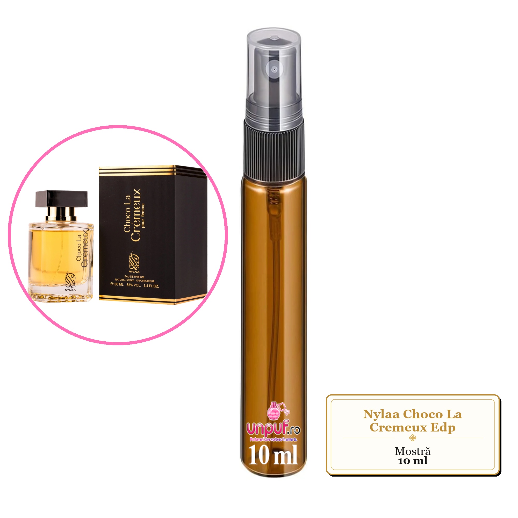 Mostra fiola din Parfumul Nylaa Choco La Cremeux Edp, decant sticla cu pulverizator 