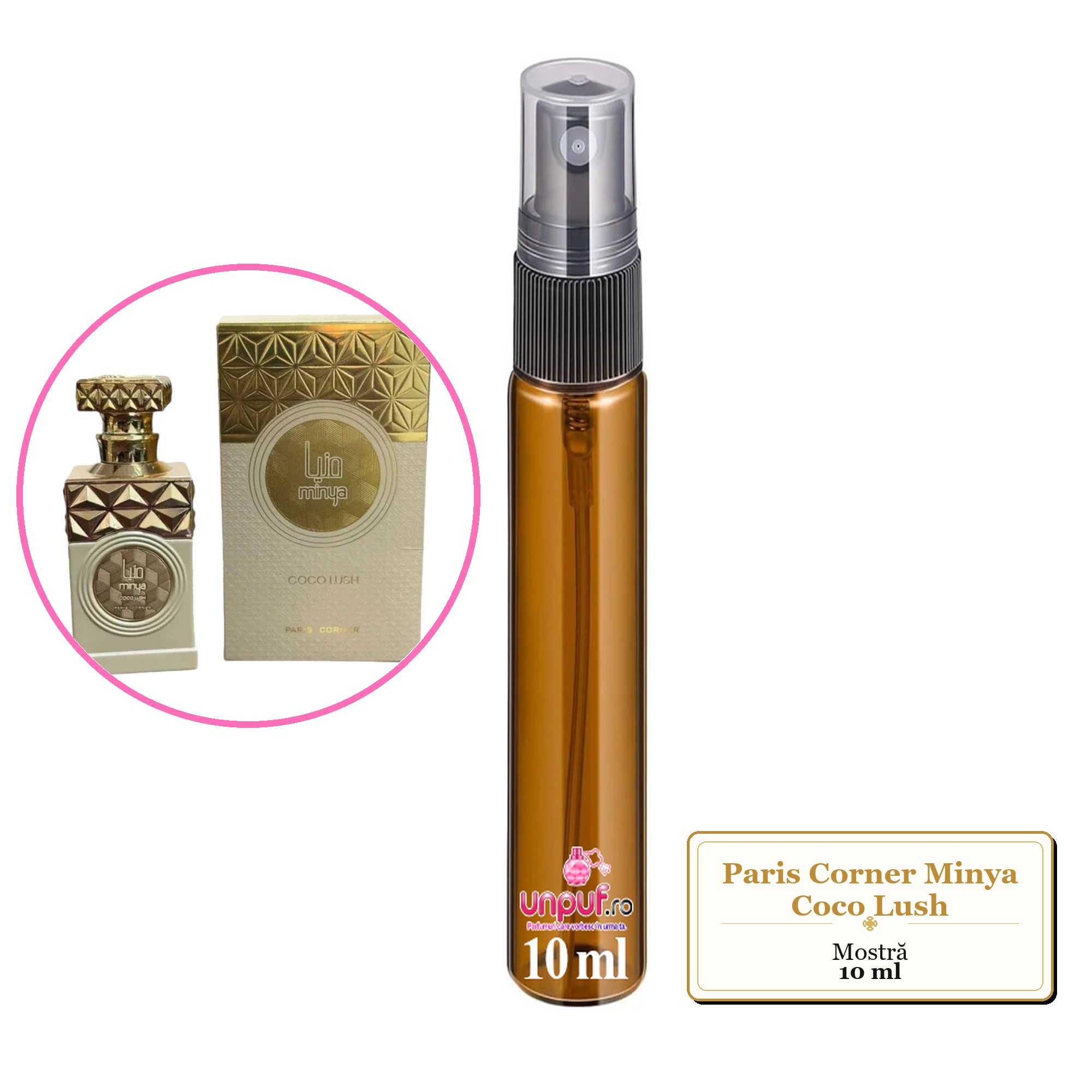 Mostra fiola din Parfumul Paris Corner Minya Coco Lush, decant sticla cu pulverizator 