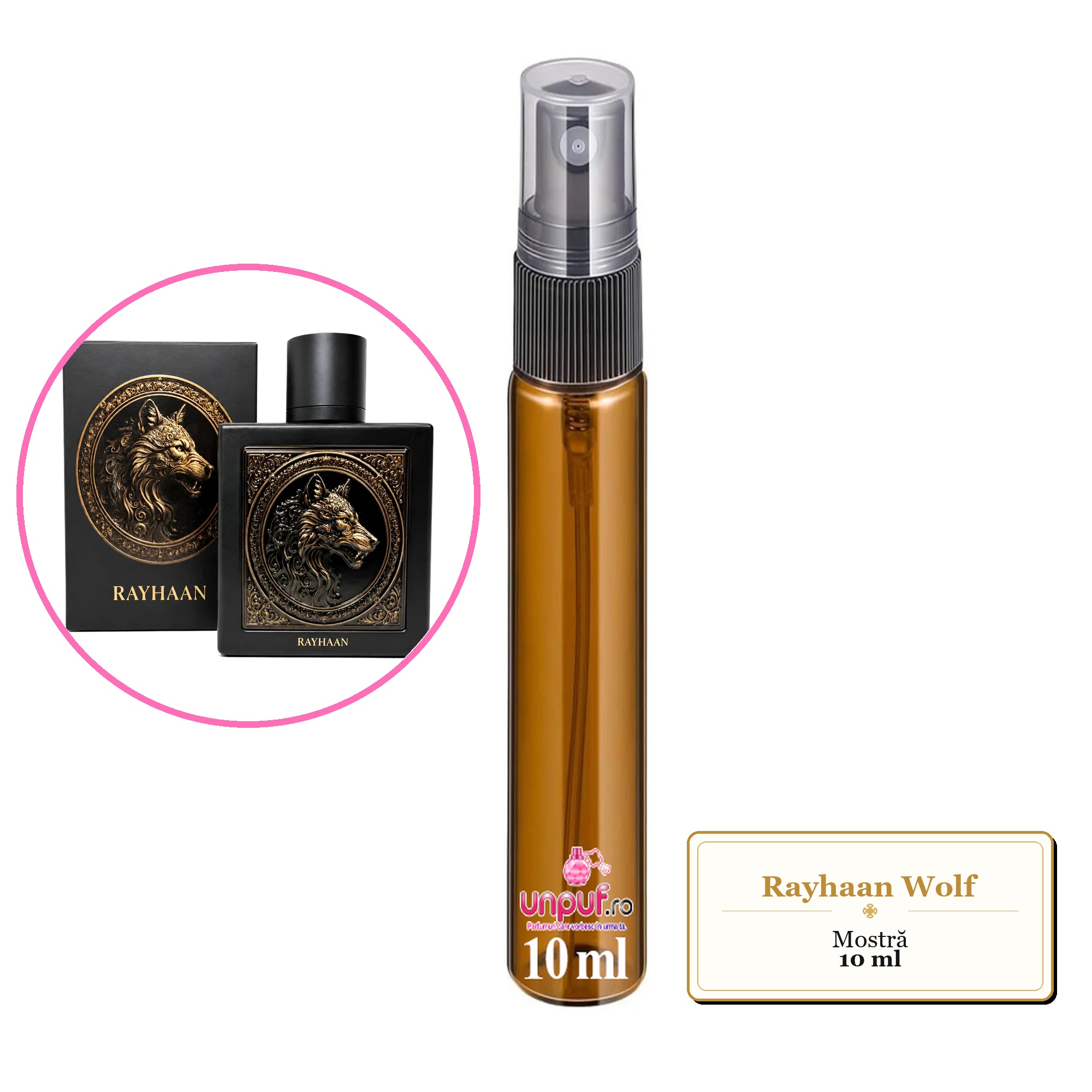Mostra fiola din Parfumul Rayhaan Wolf, decant sticla cu pulverizator 