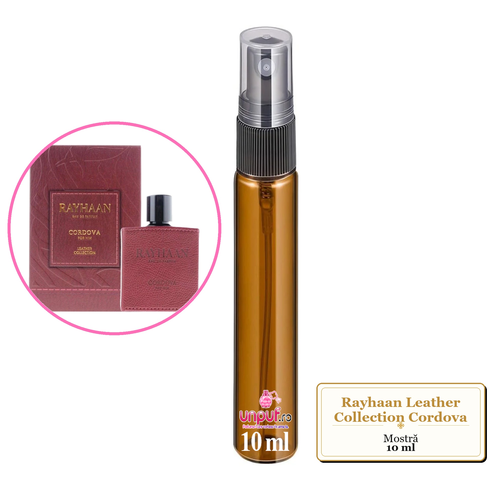 Mostra fiola din Parfumul Rayhaan Leather Collection Cordova, decant sticla cu pulverizator 