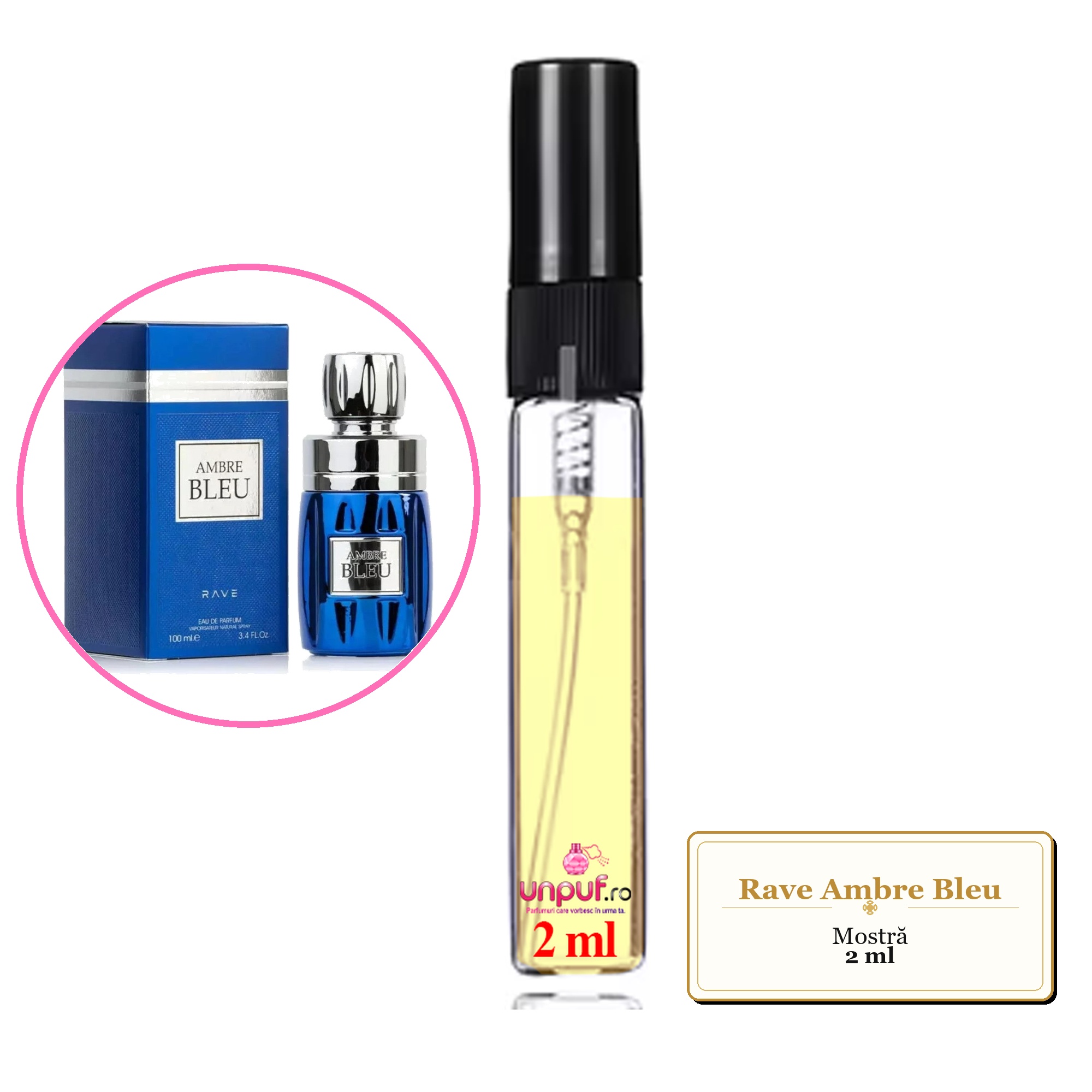 Mostra fiola din Parfumul Rave Ambre Bleu, decant sticla cu pulverizator 
