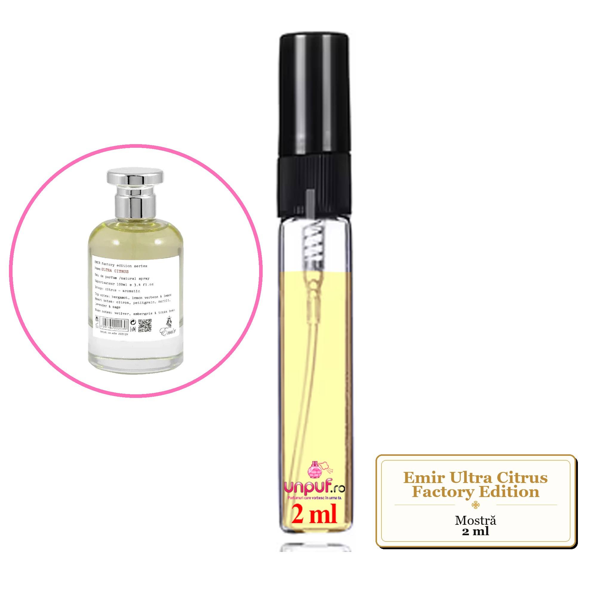 Mostra fiola din Parfumul Emir Ultra Citrus Factory Edition, decant sticla cu pulverizator