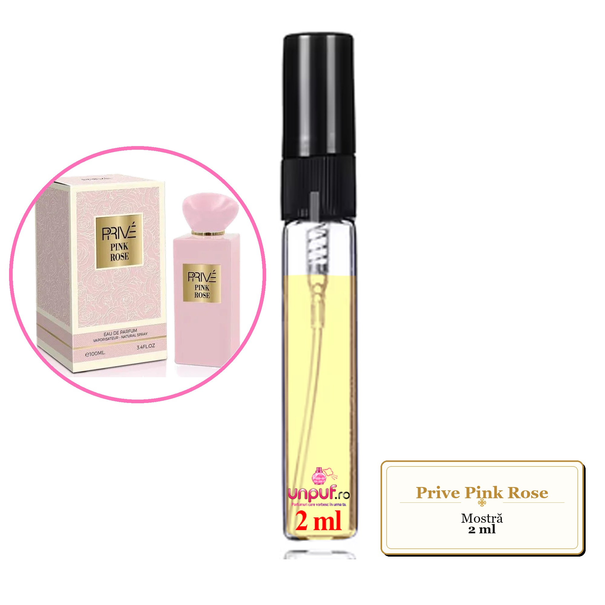 Mostra fiola din Parfumul Prive Pink Rose, decant sticla cu pulverizator