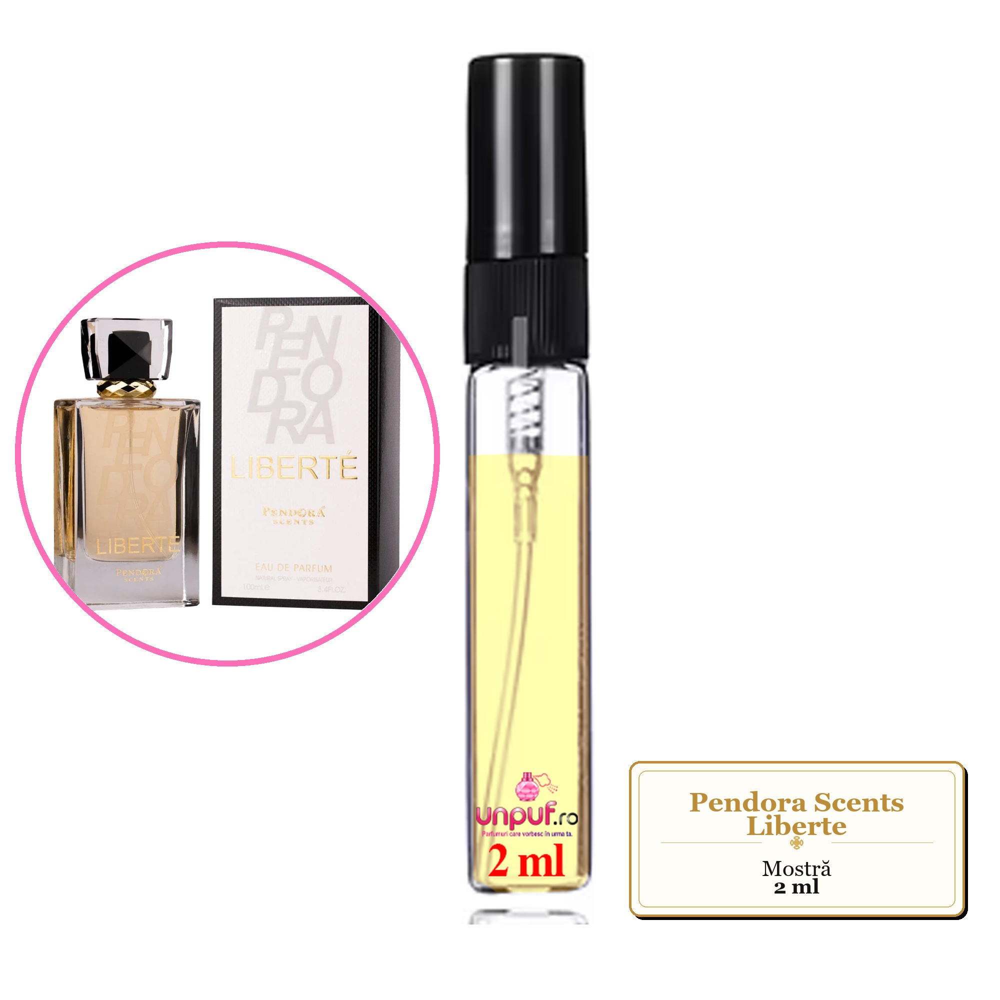 Mostra fiola din Parfumul Pendora Scents Liberte, decant sticla cu pulverizator 