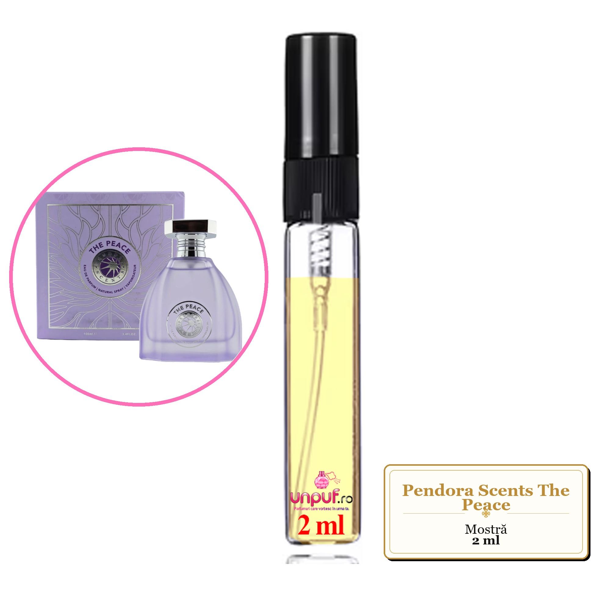 Mostra fiola din Parfumul Pendora Scents The Peace, decant sticla cu pulverizator 