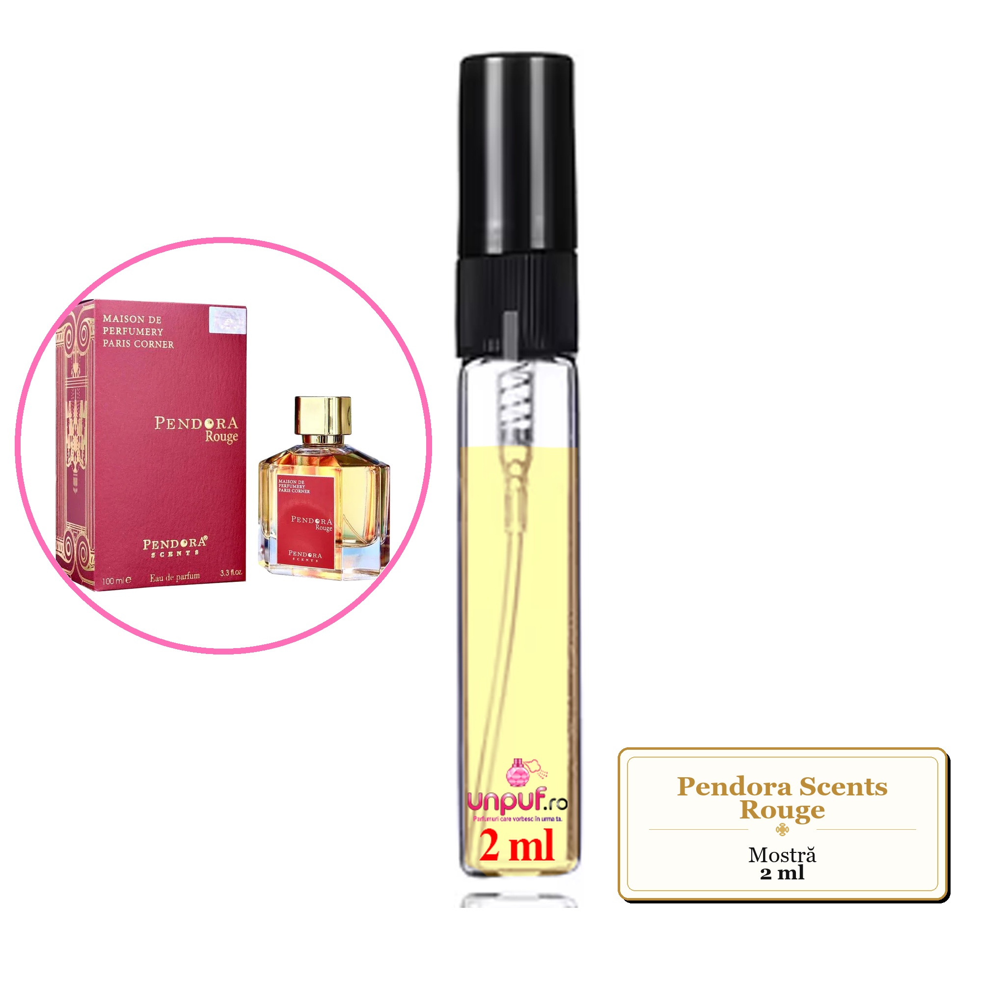 Mostra fiola din Parfumul Pendora Scents Rouge, decant sticla cu pulverizator 