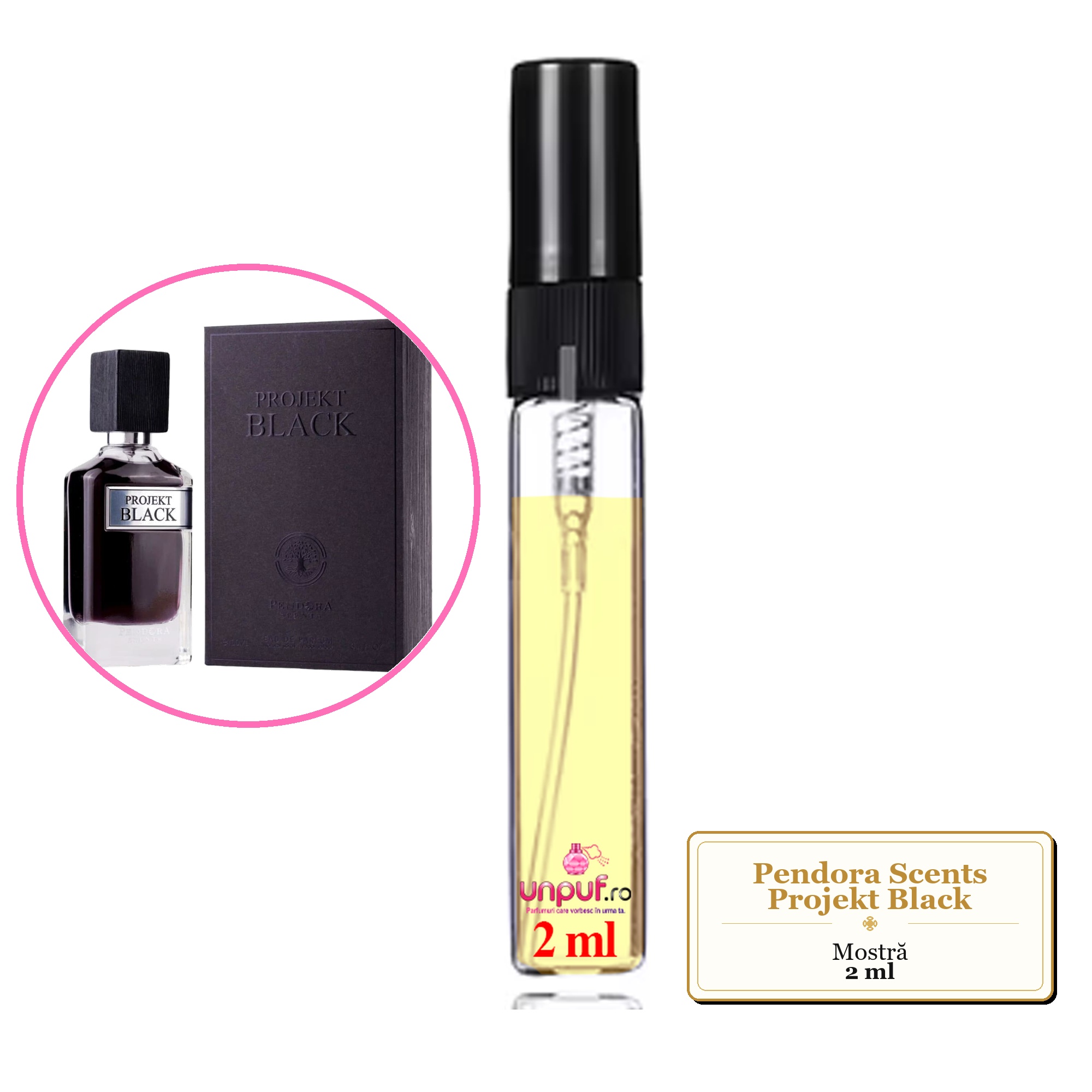 Mostra fiola din Parfumul Pendora Scents Projekt Black, decant sticla cu pulverizator 