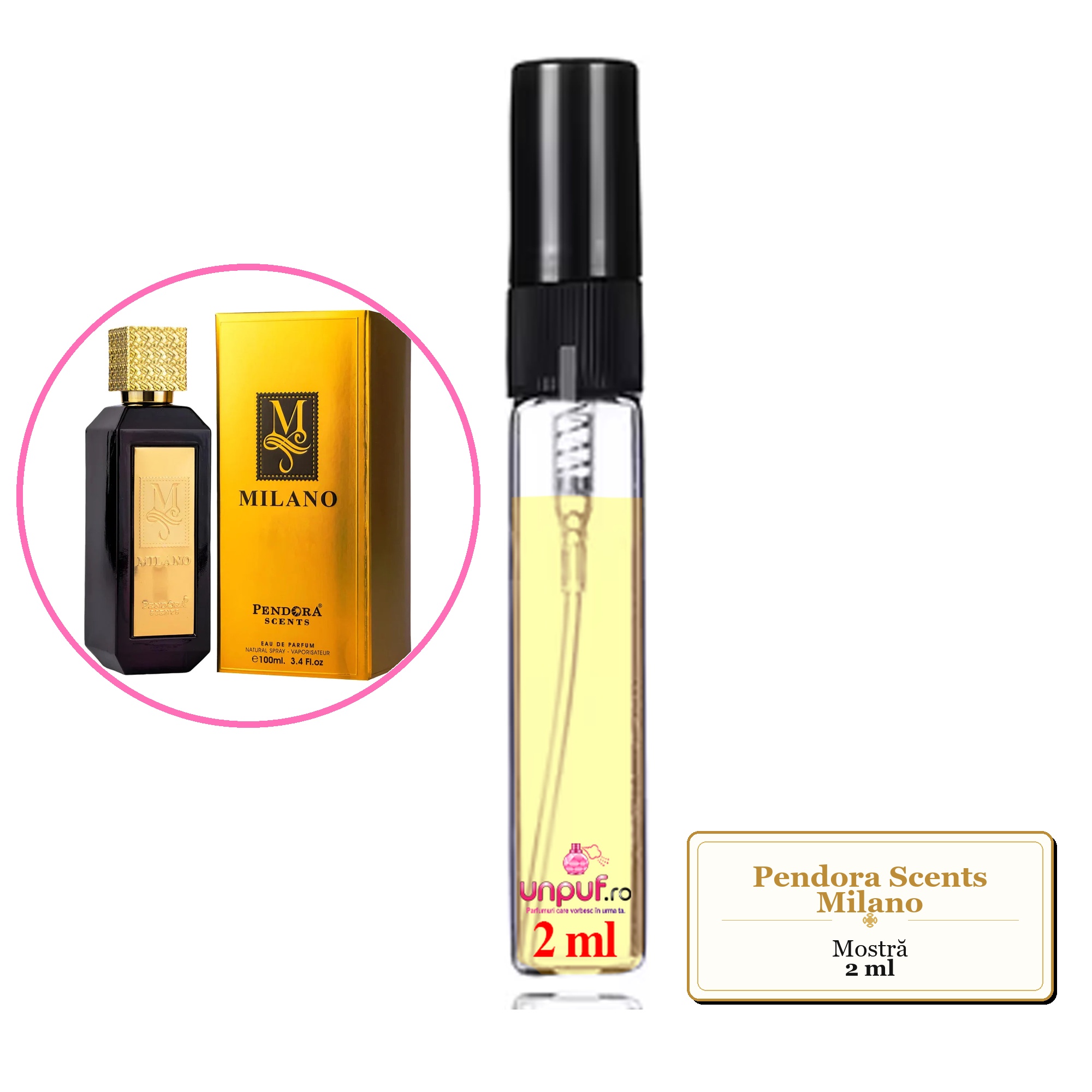 Mostra fiola din Parfumul Pendora Scents Milano, decant sticla cu pulverizator 