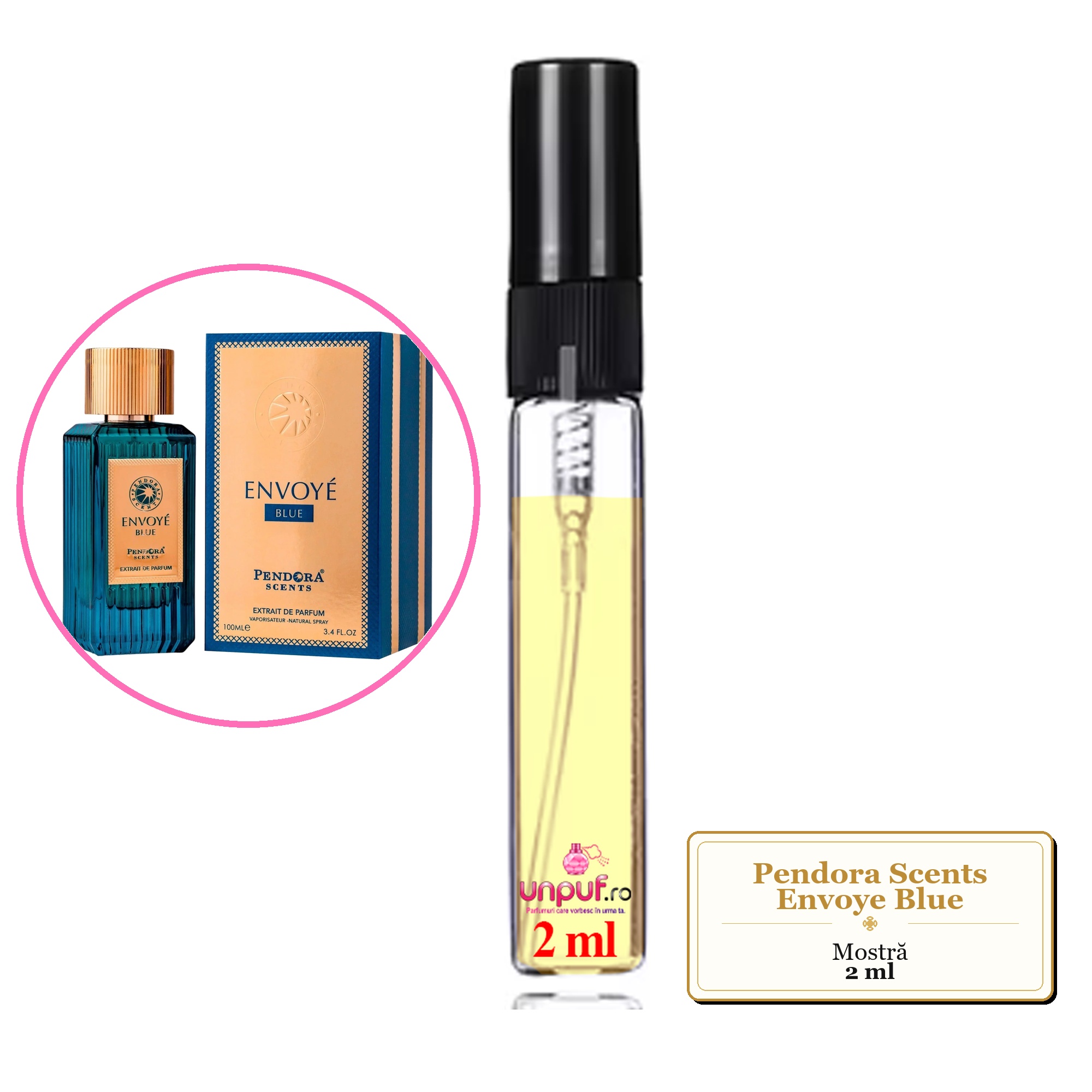 Mostra fiola din Parfumul Pendora Scents Envoye Blue, decant sticla cu pulverizator