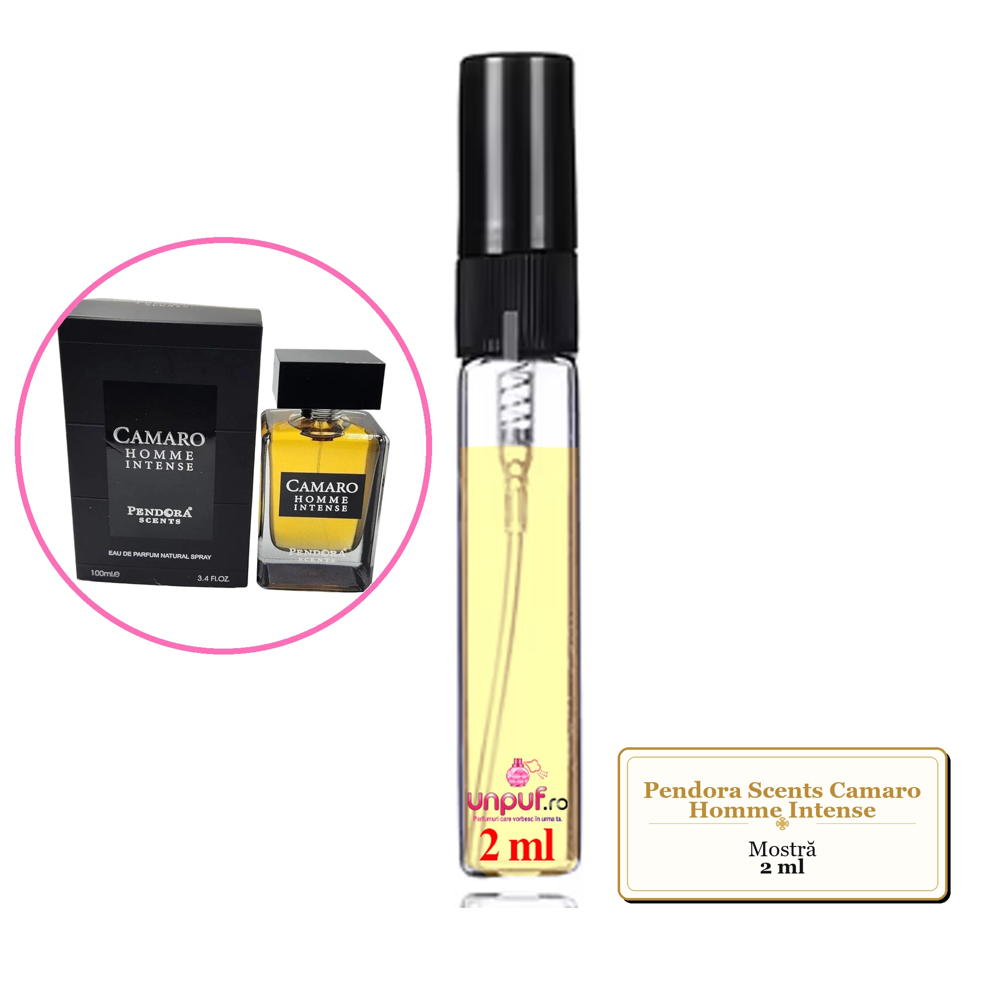 Mostra fiola din Parfumul Pendora Scents Camaro Homme Intense, decant sticla cu pulverizator 