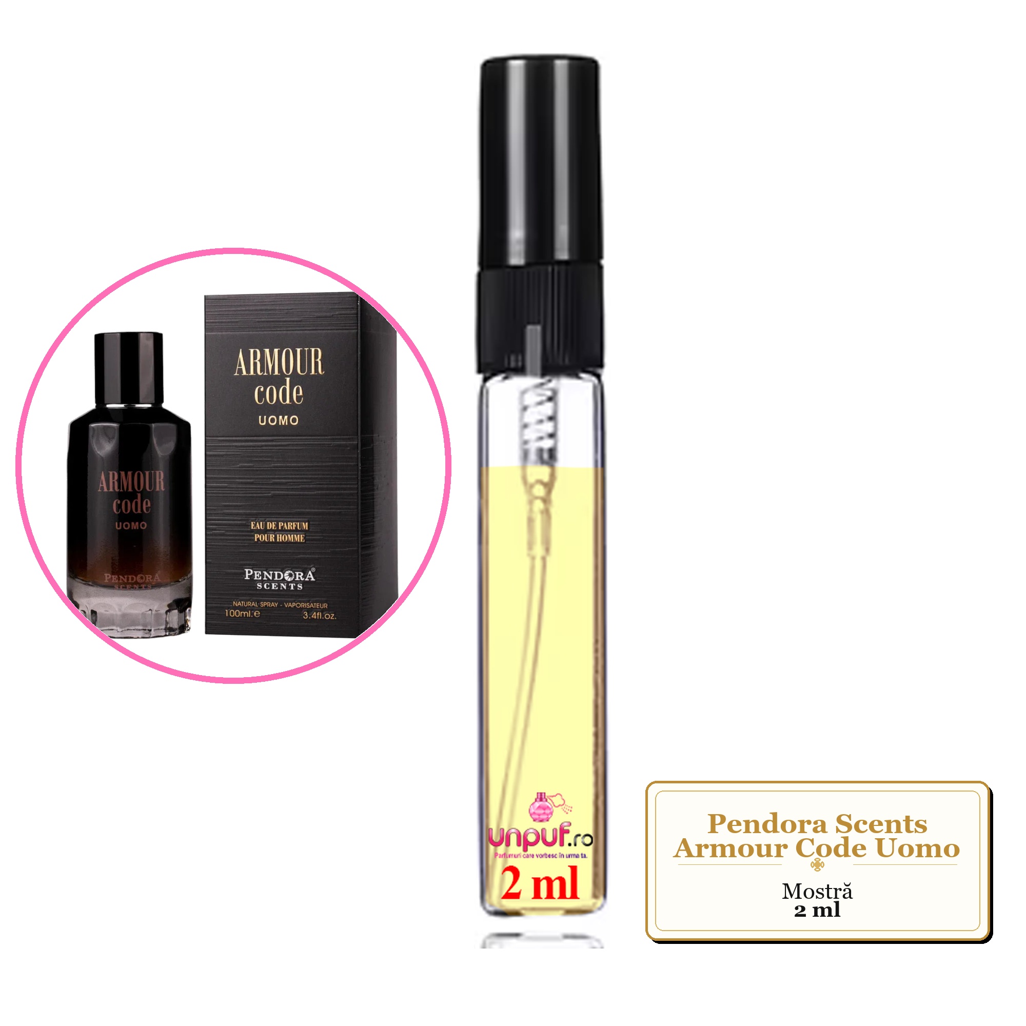 Mostra fiola din Parfumul Pendora Scents Armour Code Uomo, decant sticla cu pulverizator 