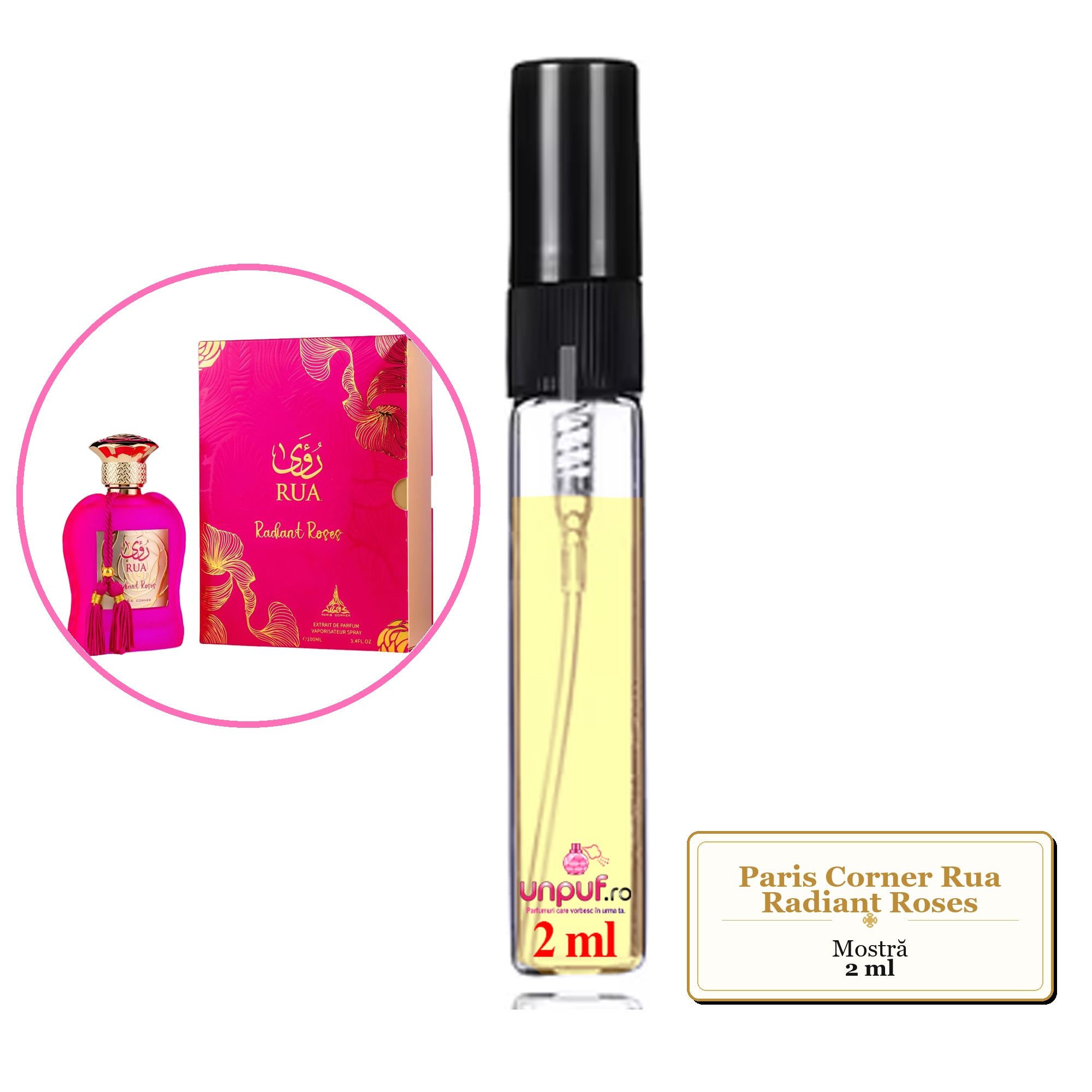Mostra fiola din Parfumul Paris Corner Rua Radiant Roses, decant sticla cu pulverizator 