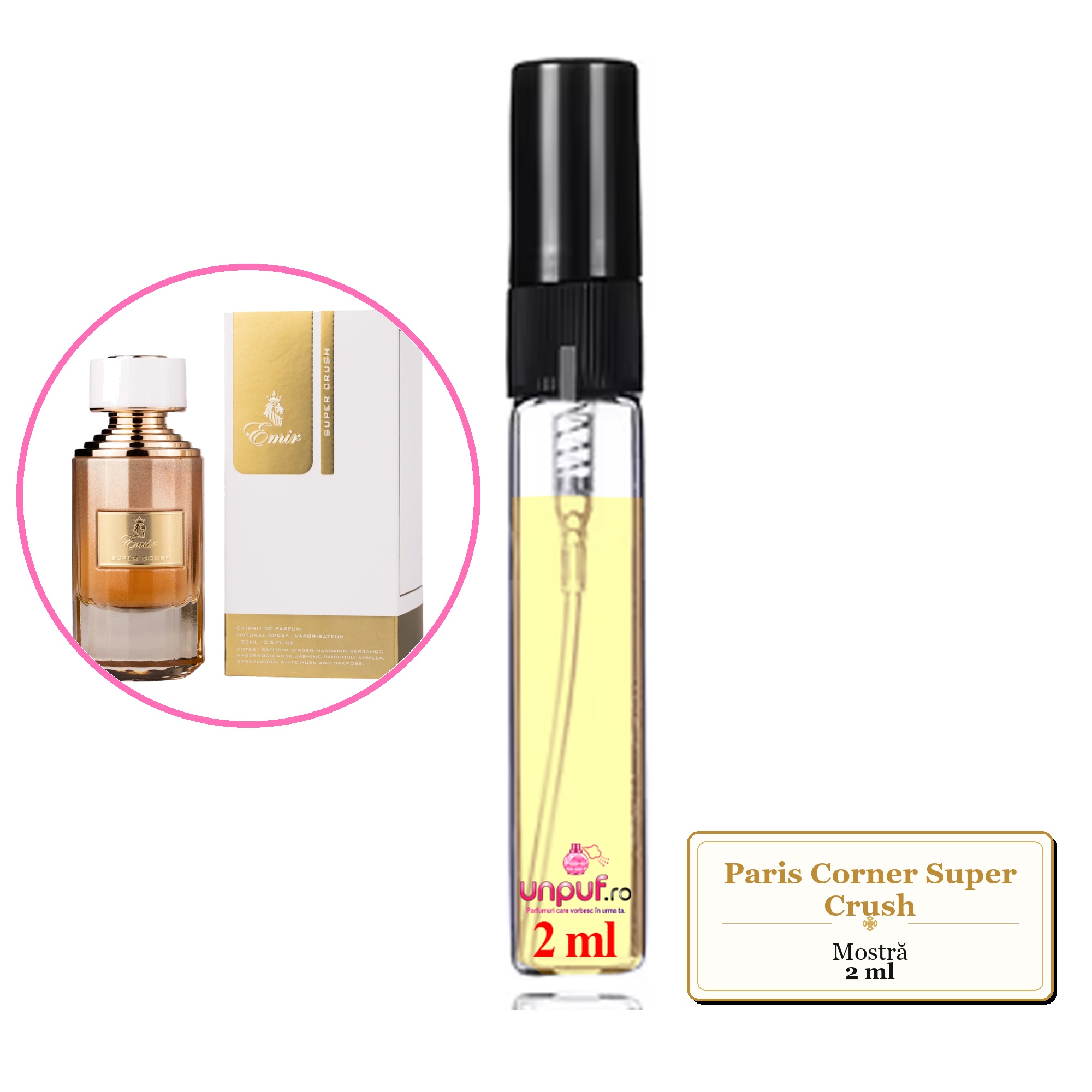 Mostra fiola din Parfumul Paris Corner Super Crush, decant sticla cu pulverizator