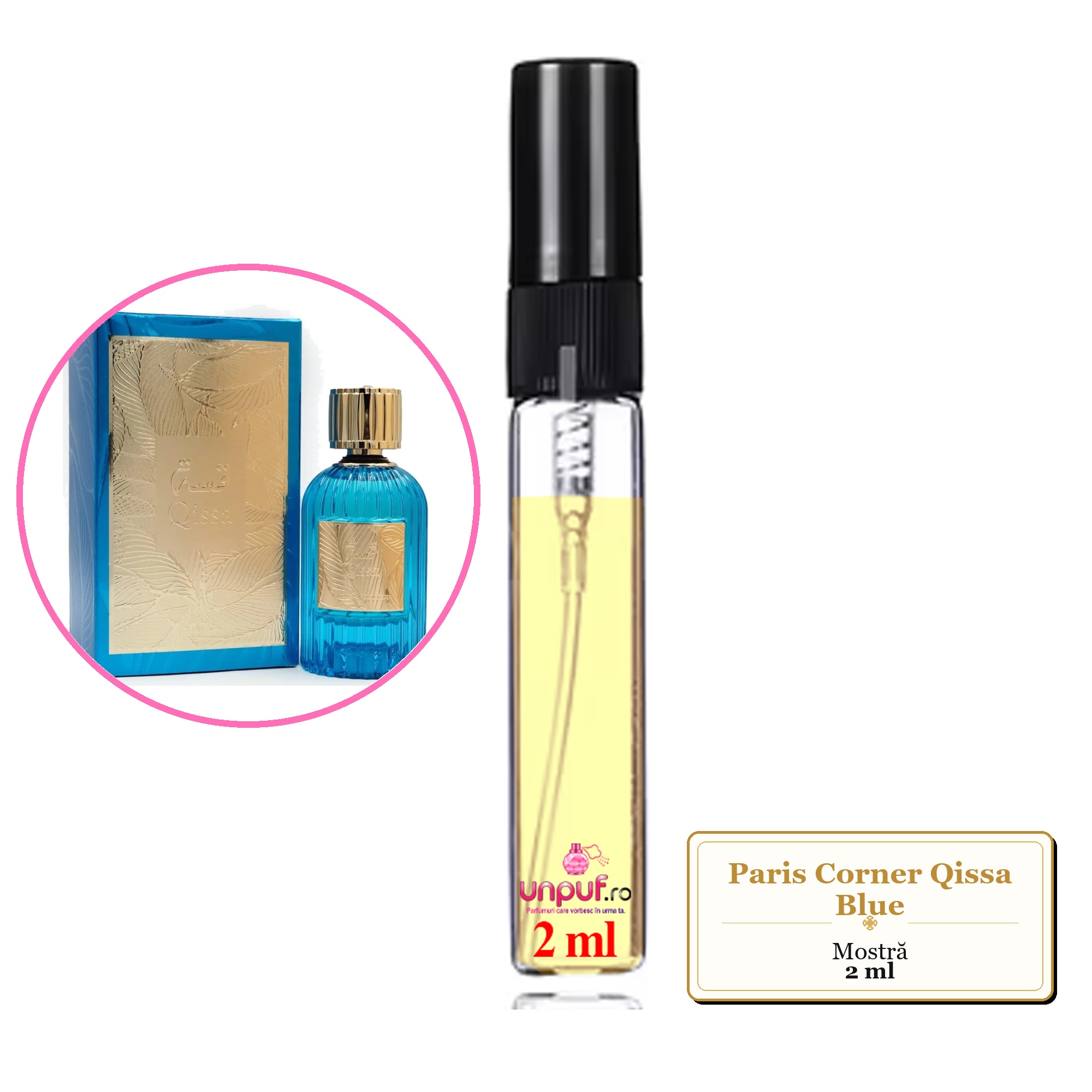 Mostra fiola din Parfumul Paris Corner Qissa Blue, decant sticla cu pulverizator 