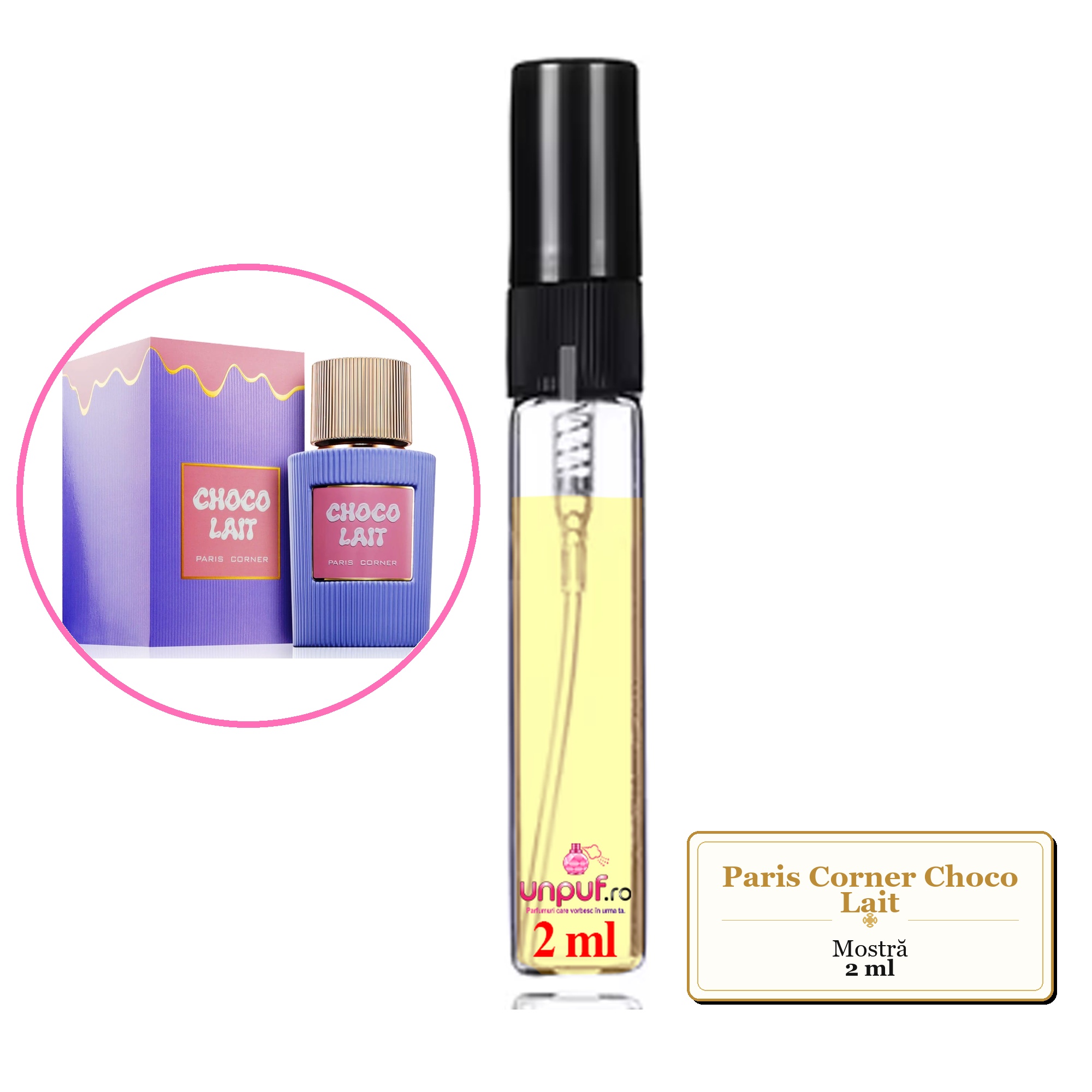 Mostra fiola din Parfumul Paris Corner Choco Lait, decant sticla cu pulverizator 