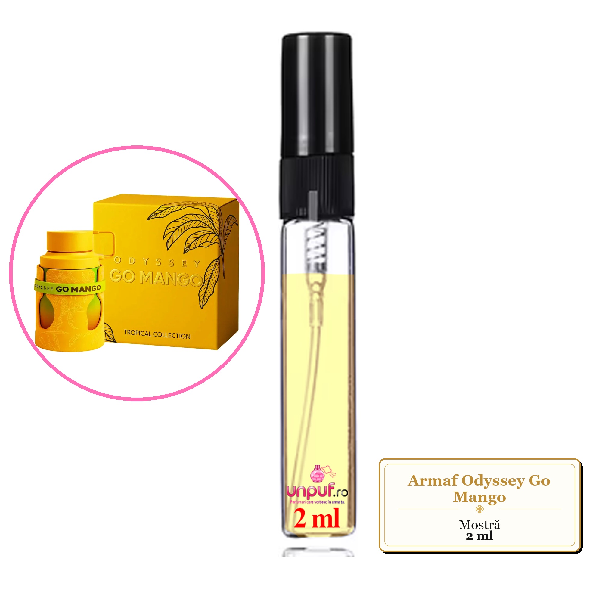 Mostra fiola din Parfumul Armaf Odyssey Go Mango, decant sticla cu pulverizator 